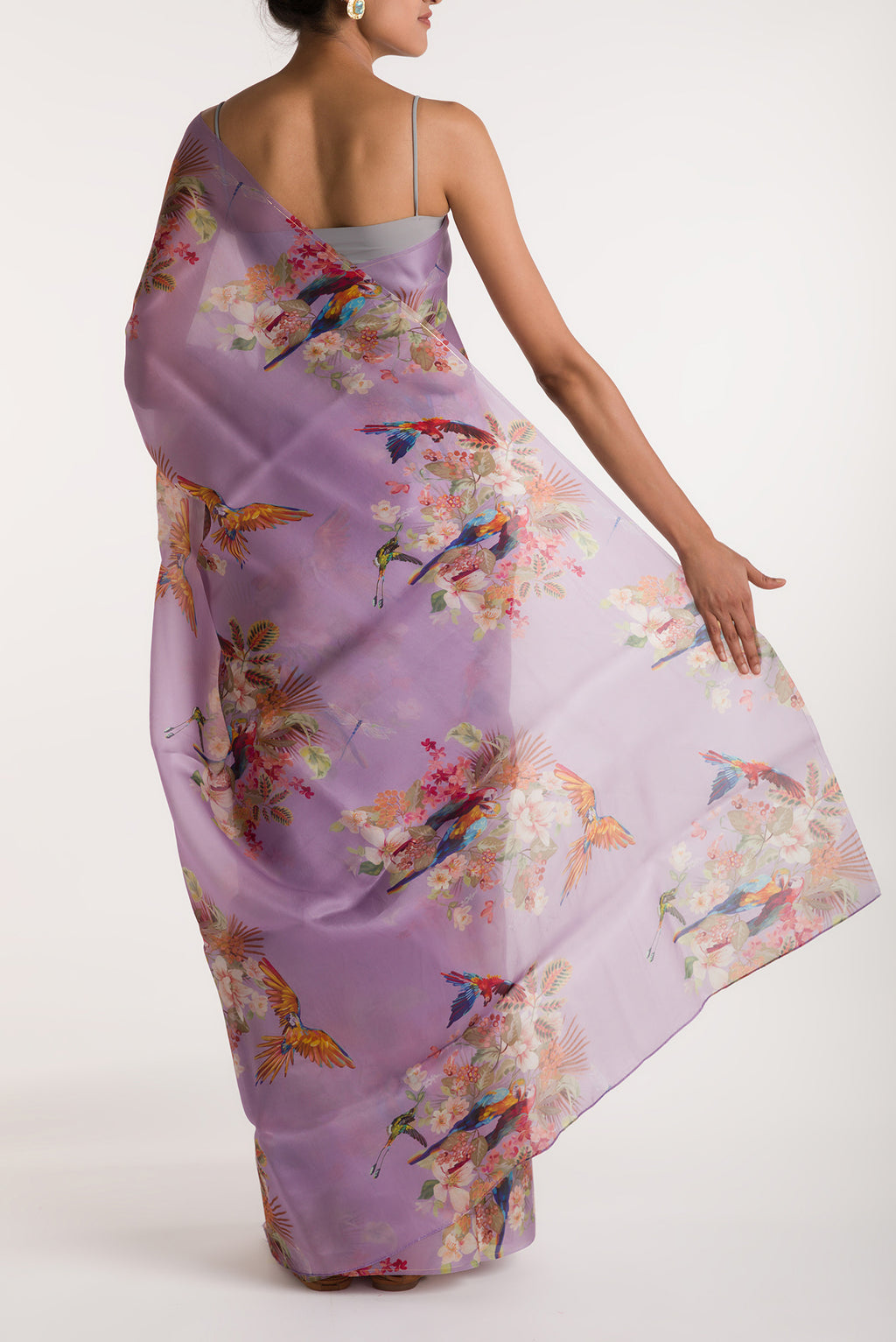 Pleats and pallu of Lilac Satin Organza Saree with Bird Print on the body and Without Border