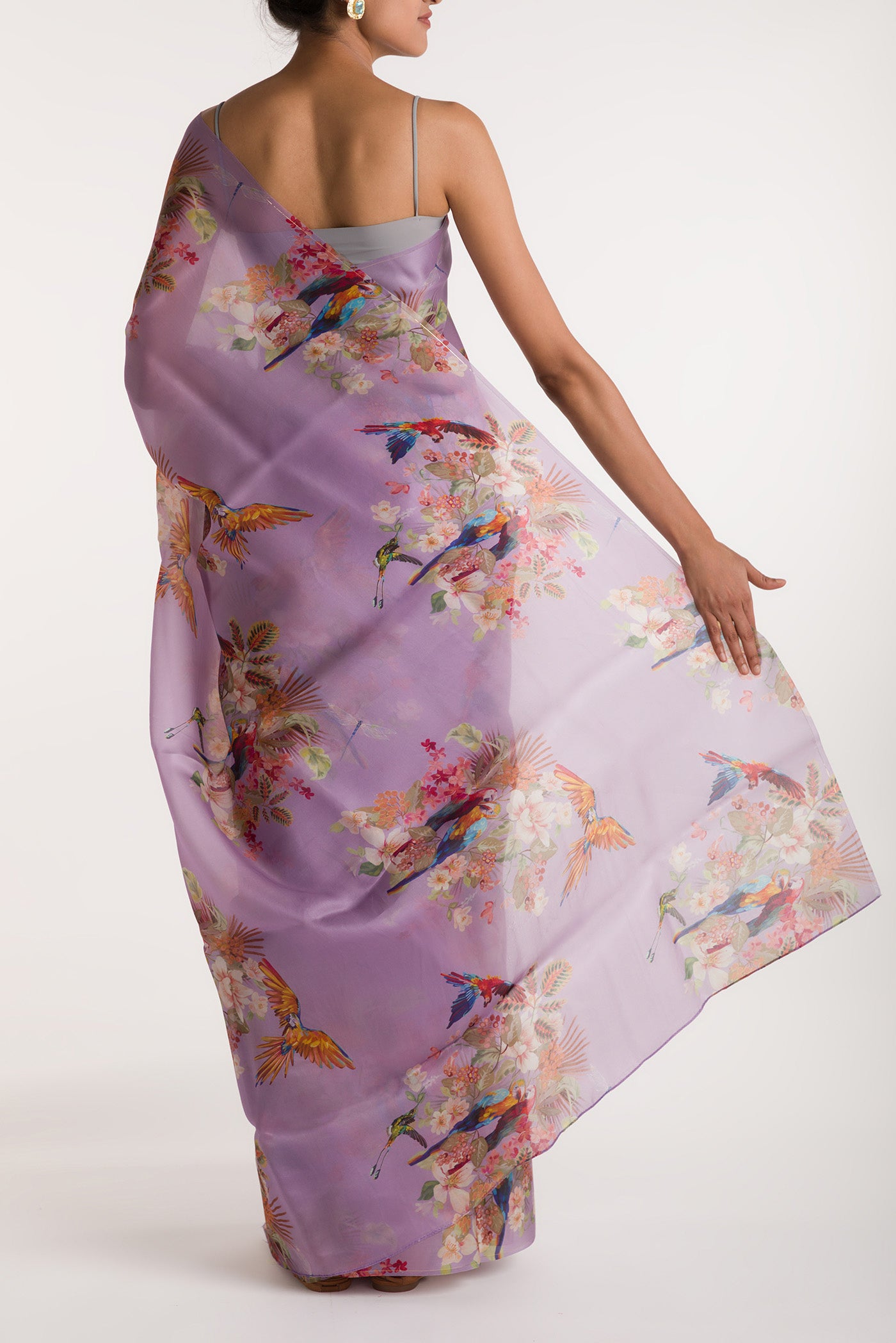 Pleats and pallu of Lilac Satin Organza Saree with Bird Print on the body and Without Border