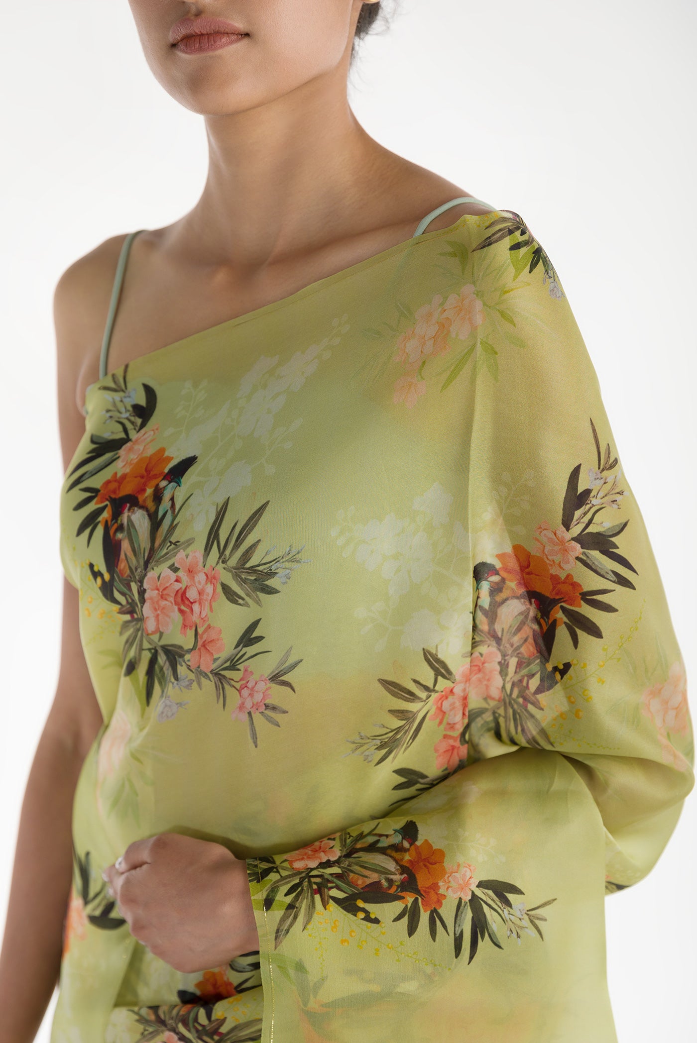 Close up of Pista Green Satin Organza Saree with Bird Print on the body and Without Border displaying folds