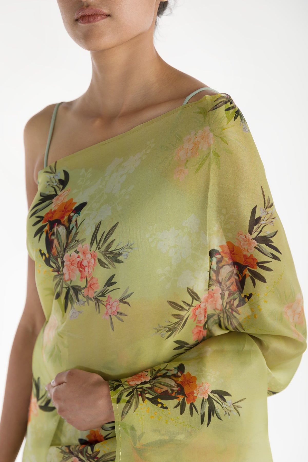 Close up of Pista Green Satin Organza Saree with Bird Print on the body and Without Border displaying folds