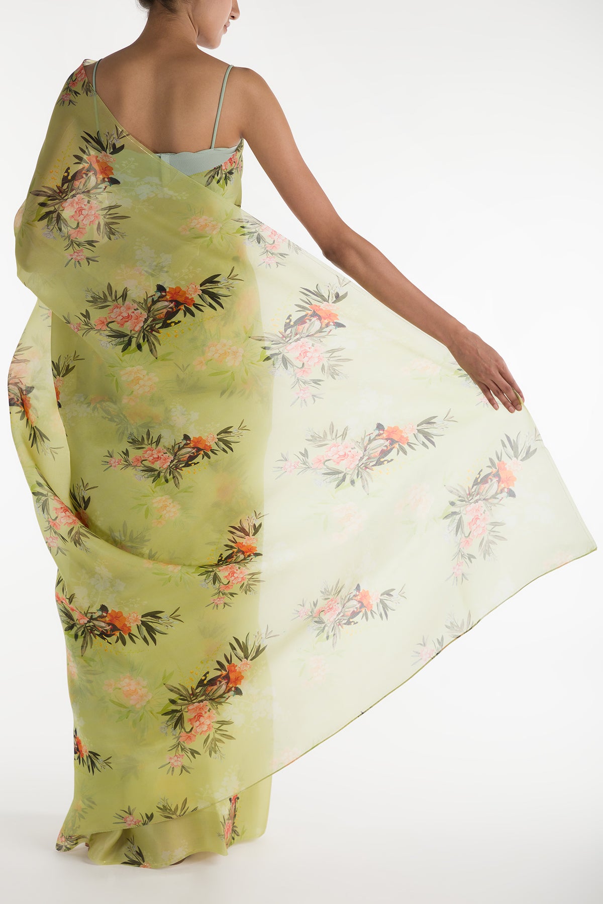Pleats and pallu of Pista Green Satin Organza Saree with Bird Print on the body and Without Border
