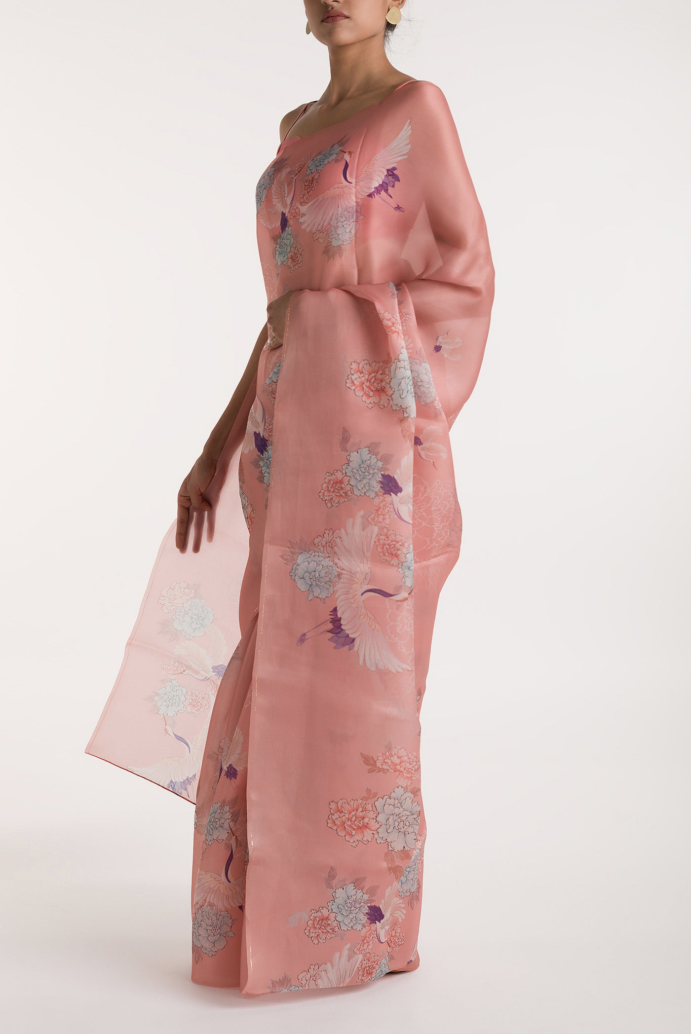 Close up image of the blouse of Pink Satin Organza Saree with Bird Print on the body and Without Border