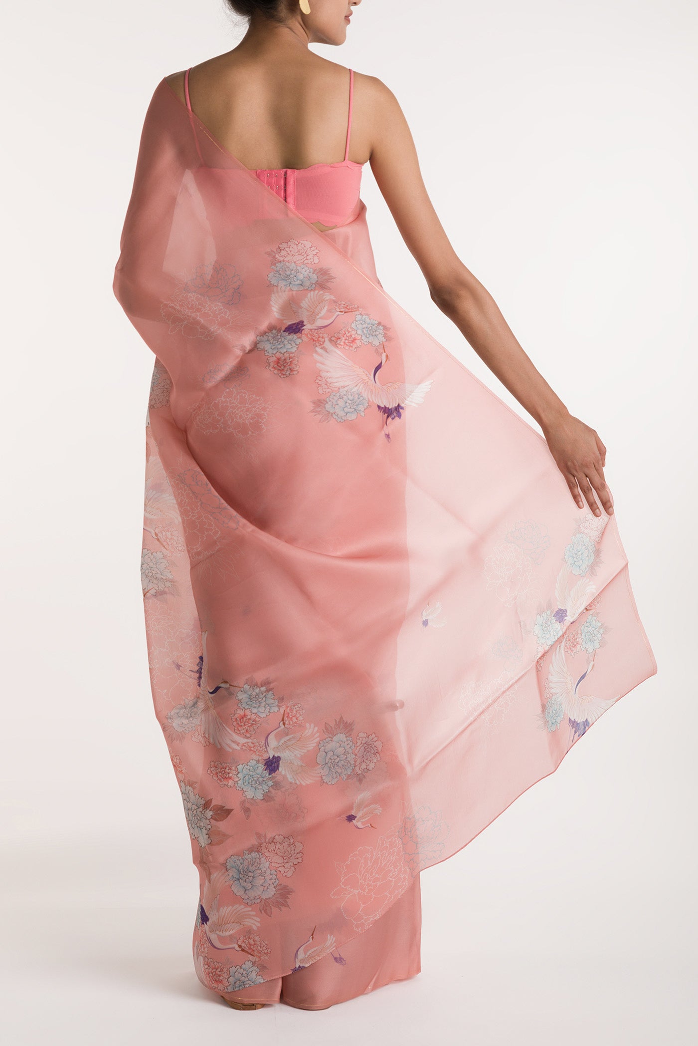 Pleats and pallu of Pink Satin Organza Saree with Bird Print on the body and Without Border