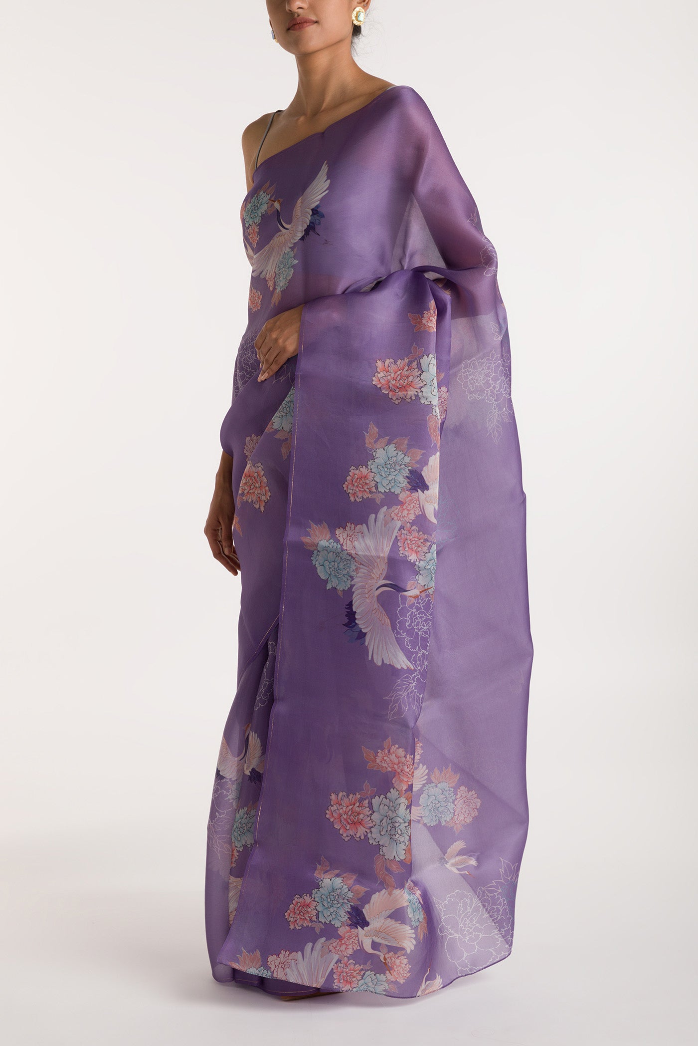 Close up image of the blouse of Lilac Satin Organza Saree with Bird Print on the body and Without Border
