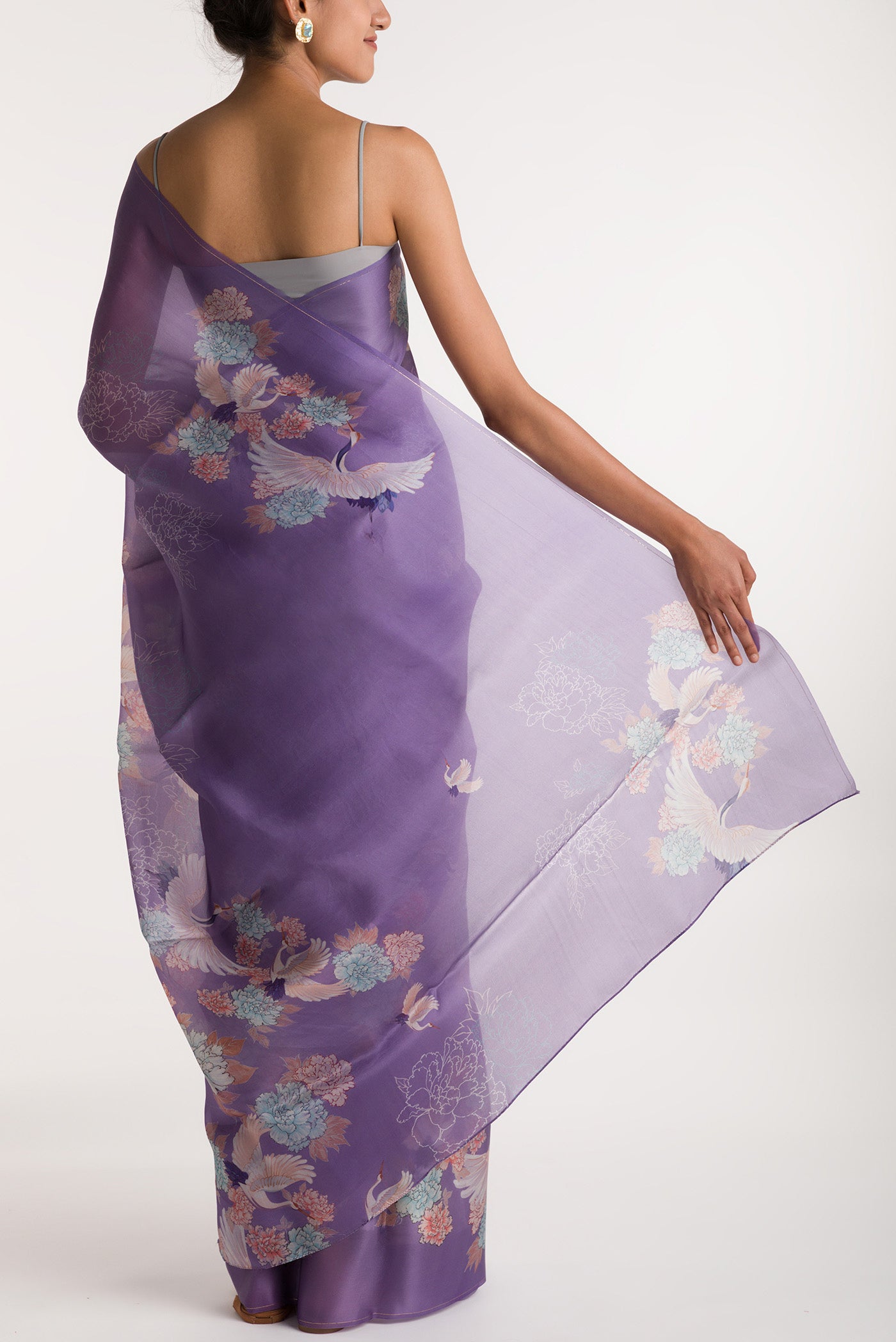 Pleats and pallu of Lilac Satin Organza Saree with Bird Print on the body and Without Border