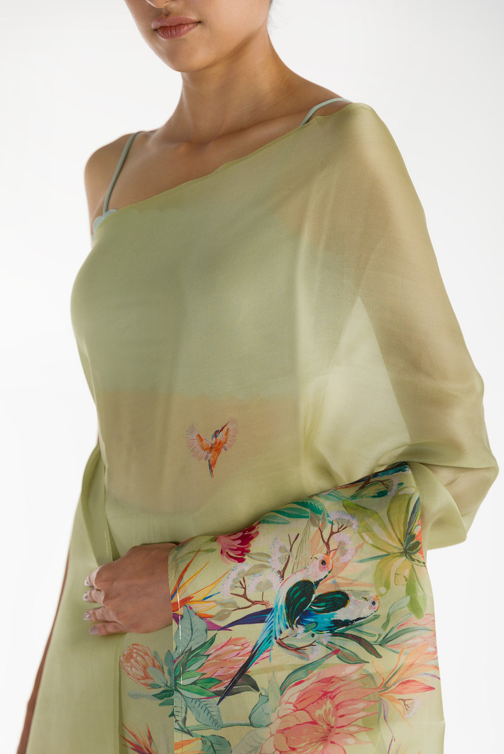 Close up of Pista Green Satin Organza Saree with Bird Print on the body and Without Border displaying folds