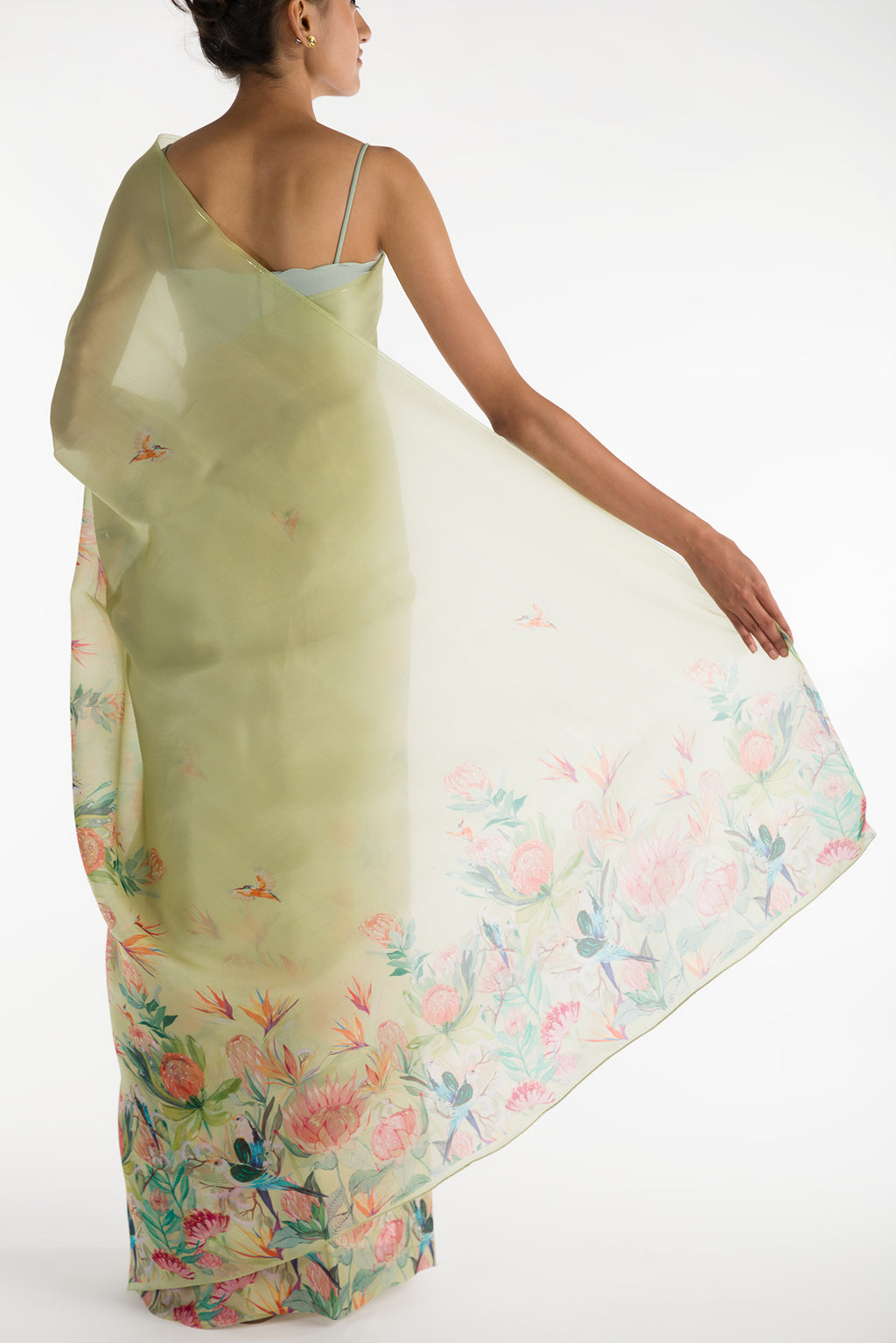 Pleats and pallu of Pista Green Satin Organza Saree with Bird Print on the body and Without Border