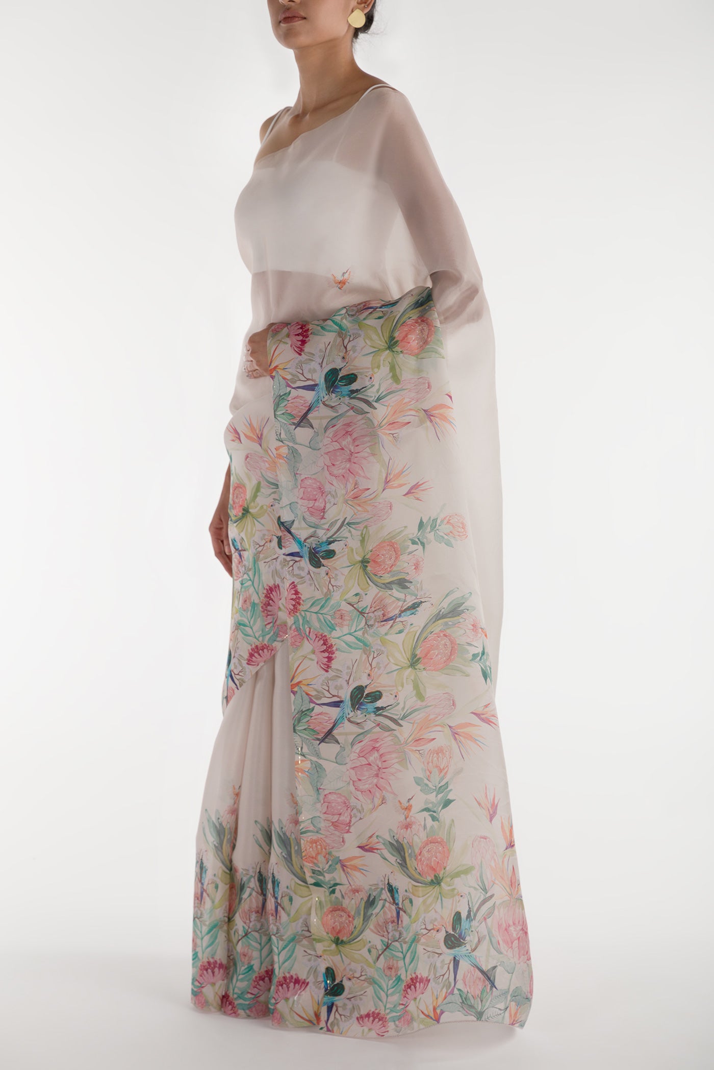 Close up image of the blouse of White Satin Organza Saree with Bird Print on the body and Without Border
