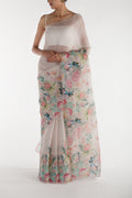 White Satin Organza Saree with Bird Print on the body and Without Border displayed on a mannequin