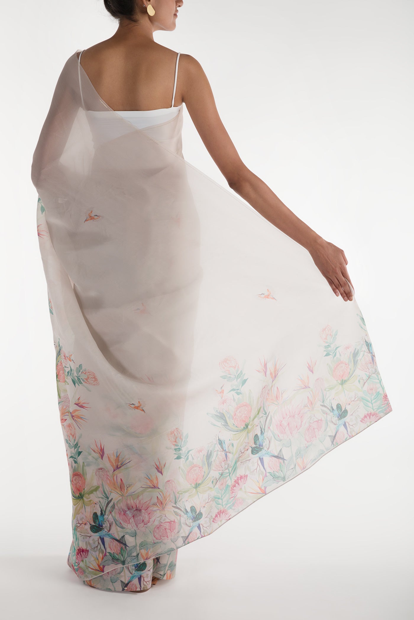 Pleats and pallu of White Satin Organza Saree with Bird Print on the body and Without Border