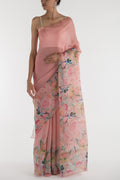 Peach Satin Organza Saree with Bird Print on the body and Without Border displayed on a mannequin