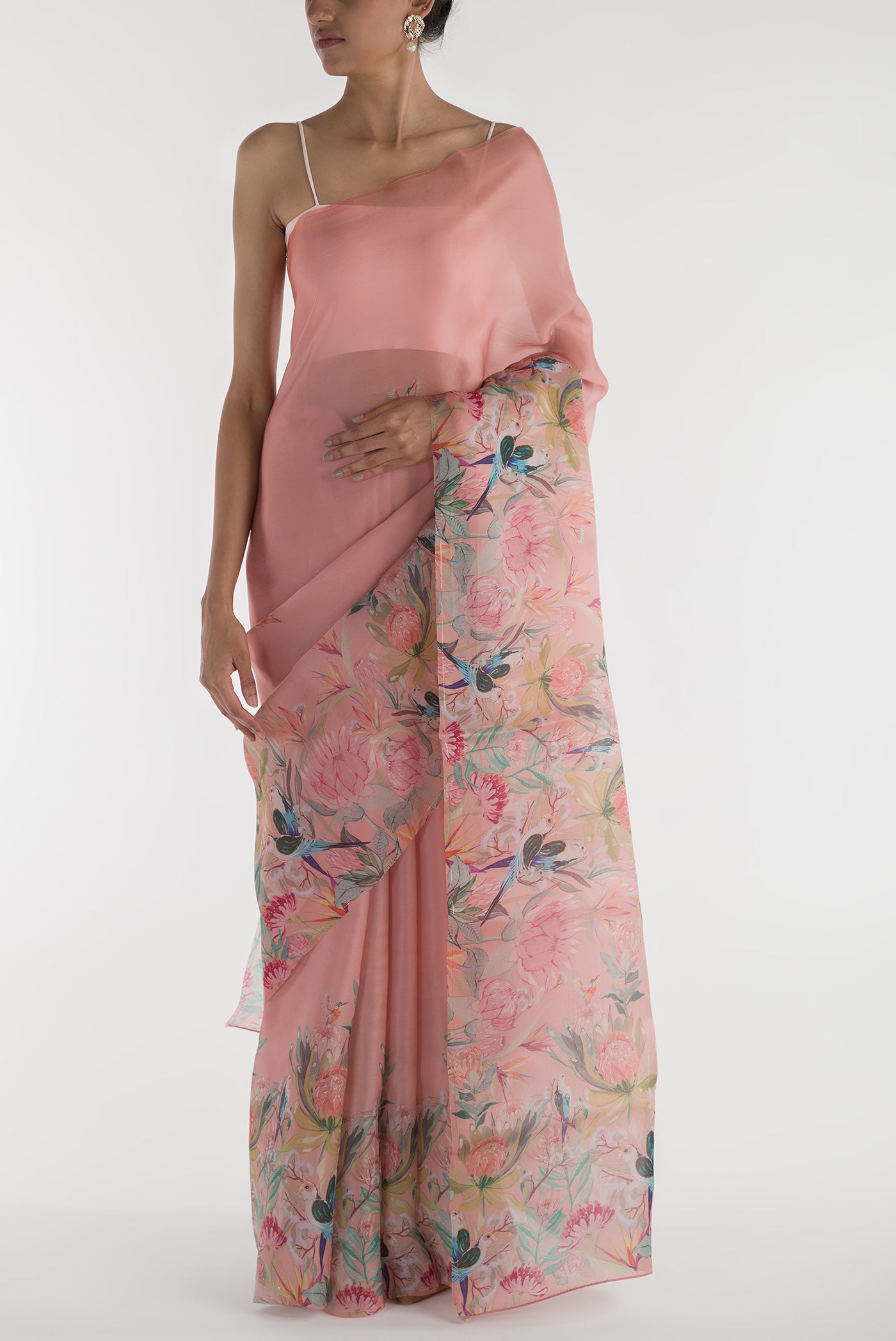 Peach Satin Organza Saree with Bird Print on the body and Without Border displayed on a mannequin