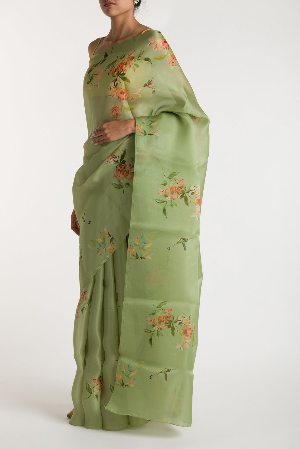 Close up image of the blouse of Pista Green Satin Organza Saree with Bird Print on the body and Without Border