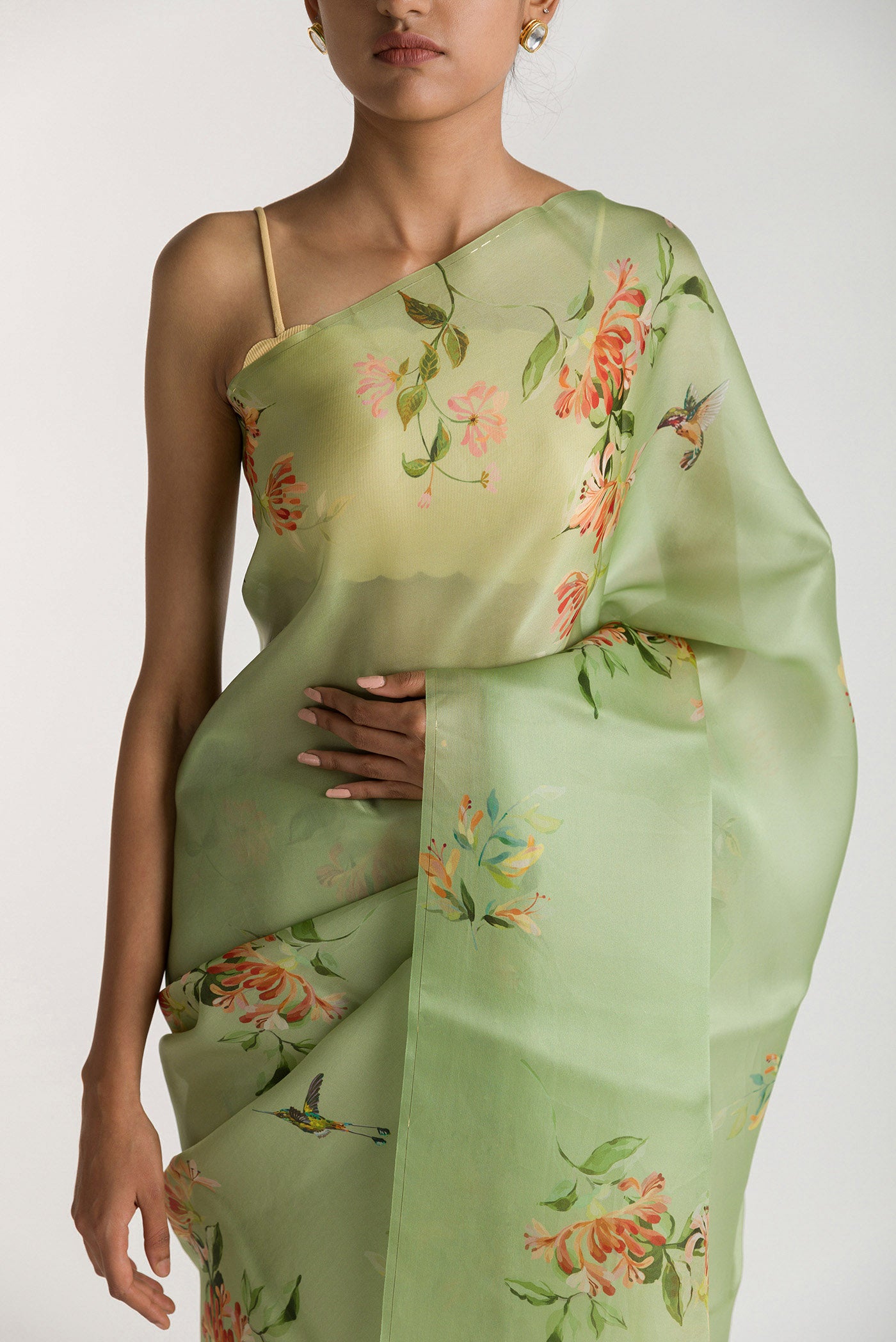 Close up of Pista Green Satin Organza Saree with Bird Print on the body and Without Border displaying folds