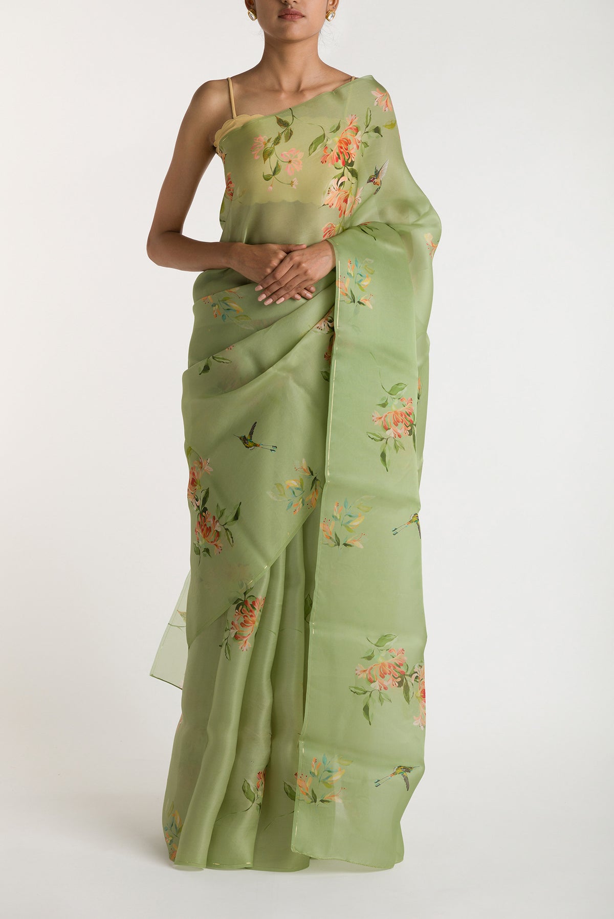 Pista Green Satin Organza Saree with Bird Print on the body and Without Border displayed on a mannequin