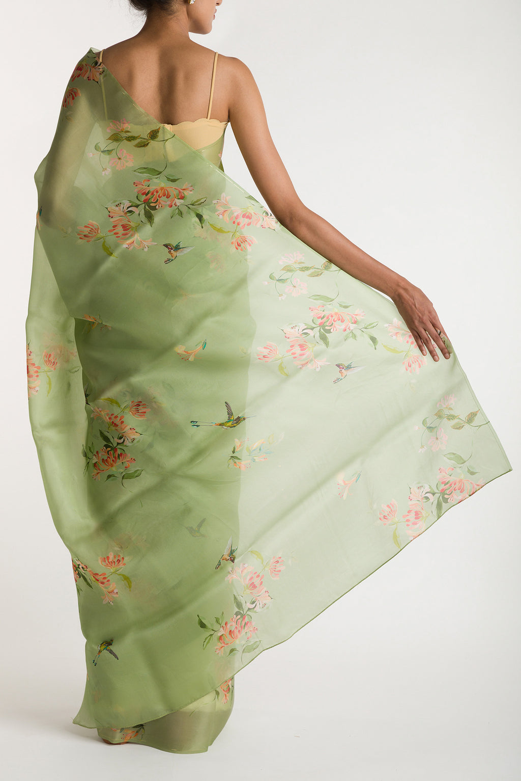 Pleats and pallu of Pista Green Satin Organza Saree with Bird Print on the body and Without Border