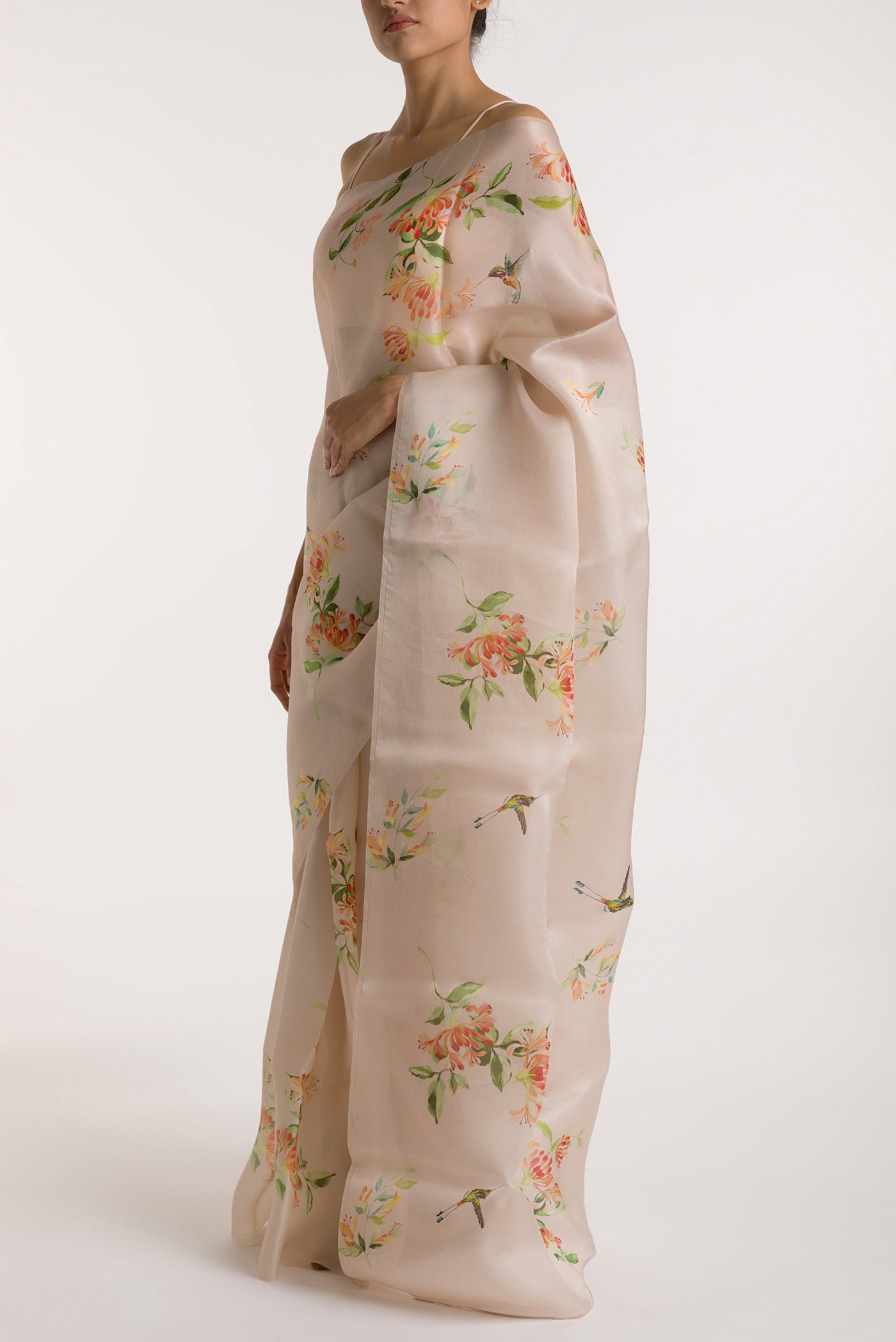 Close up image of the blouse of White Satin Organza Saree with Bird Print on the body and Without Border