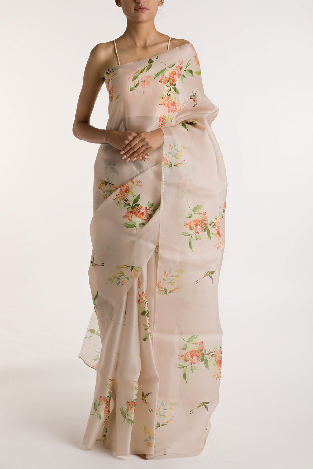 White Satin Organza Saree with Bird Print on the body and Without Border displayed on a mannequin