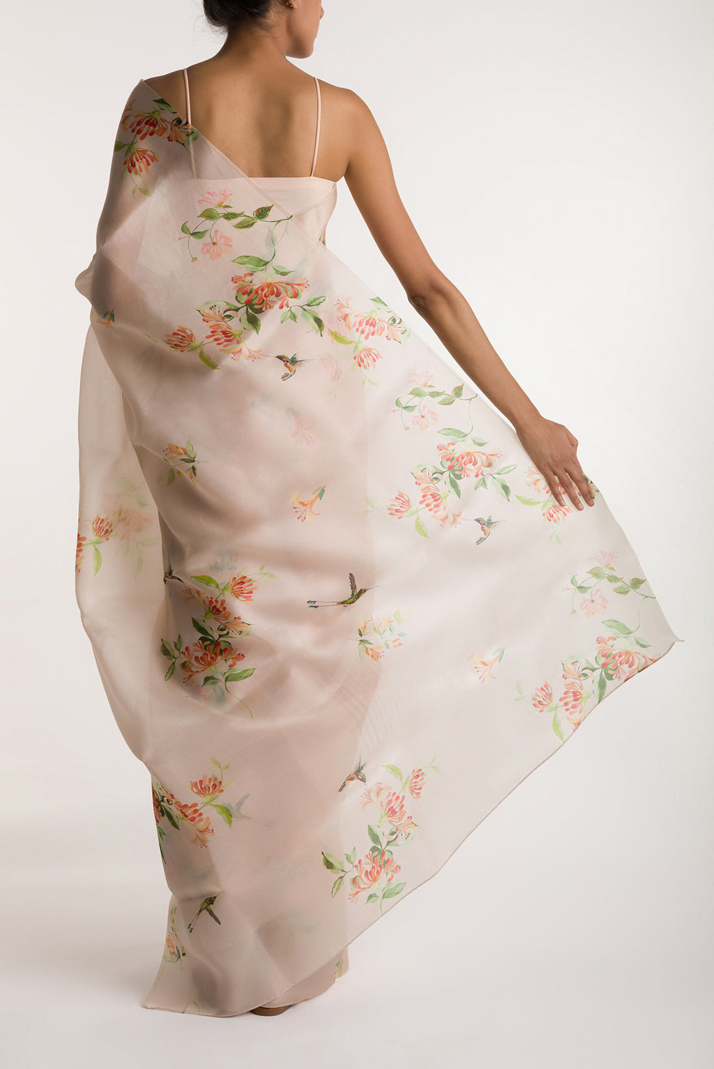 Pleats and pallu of White Satin Organza Saree with Bird Print on the body and Without Border