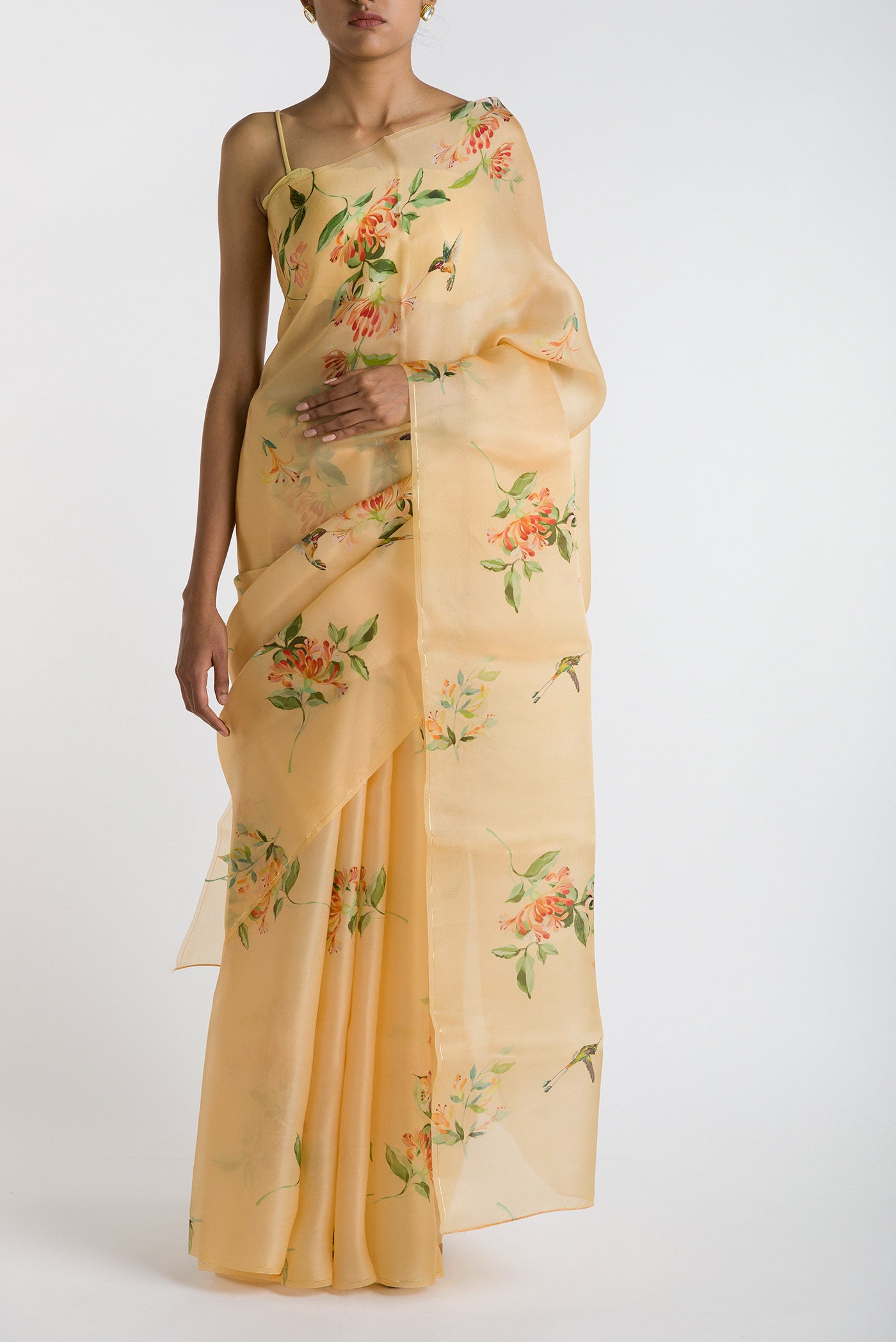 Yellow Satin Organza Saree with Bird Print on the body and Without Border displayed on a mannequin