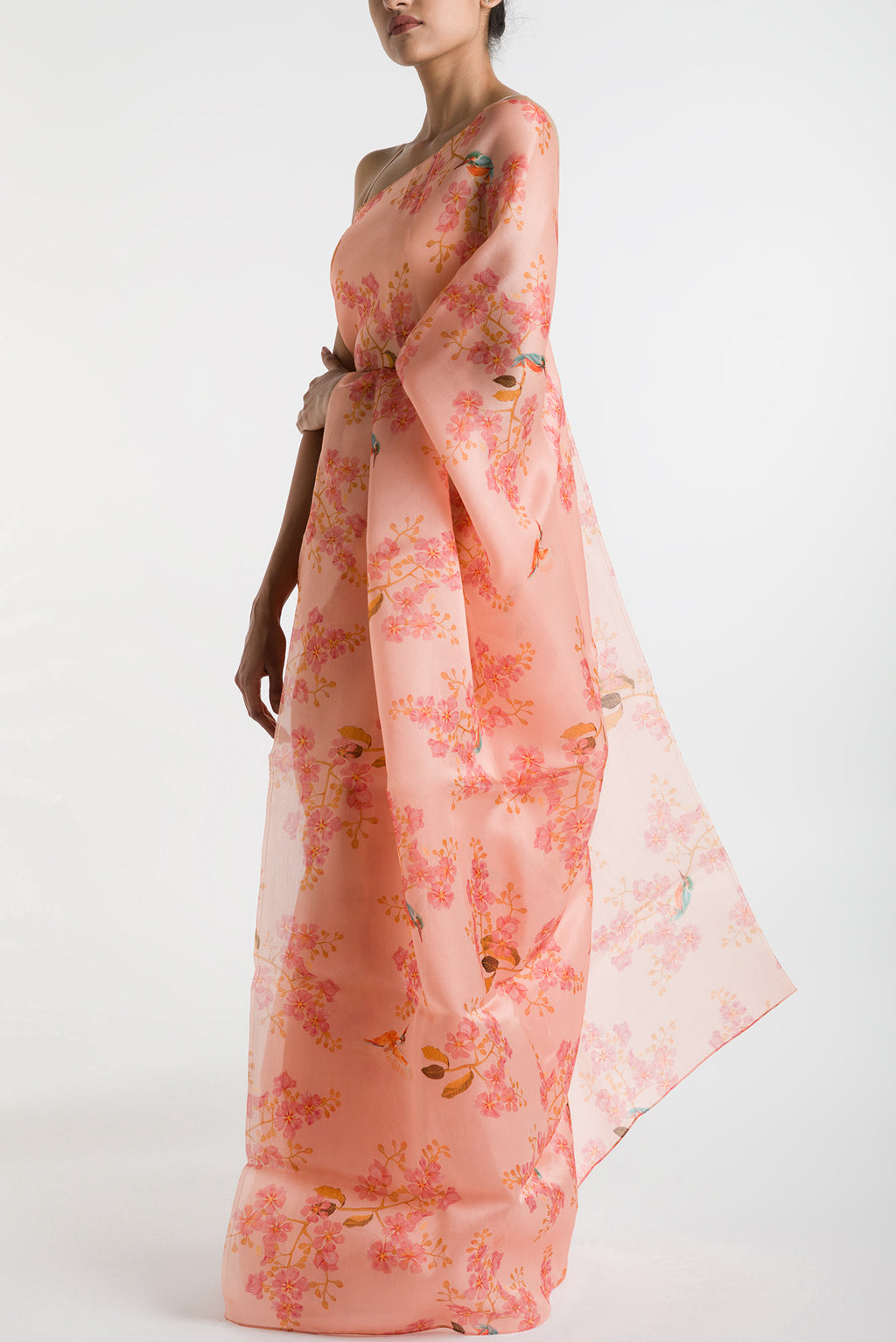 Close up image of the blouse of Peach Satin Organza Saree with Bird Print on the body and Without Border