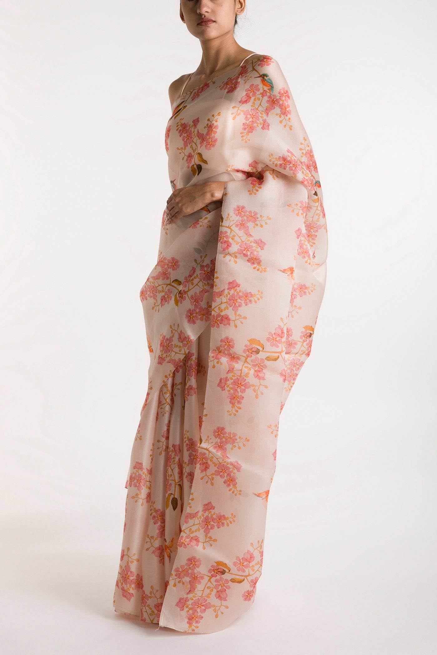 Close up image of the blouse of White Satin Organza Saree with Bird Print on the body and Without Border