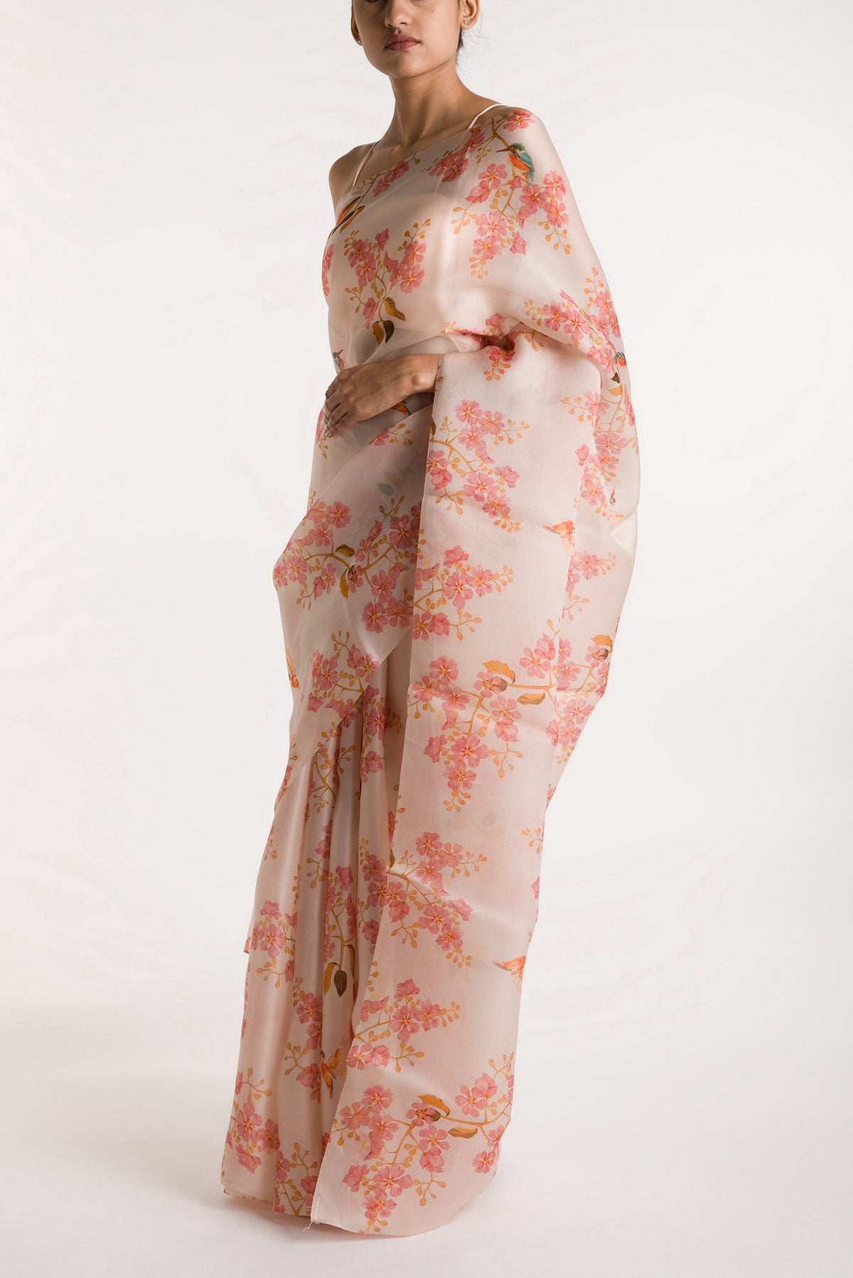 Close up image of the blouse of White Satin Organza Saree with Bird Print on the body and Without Border
