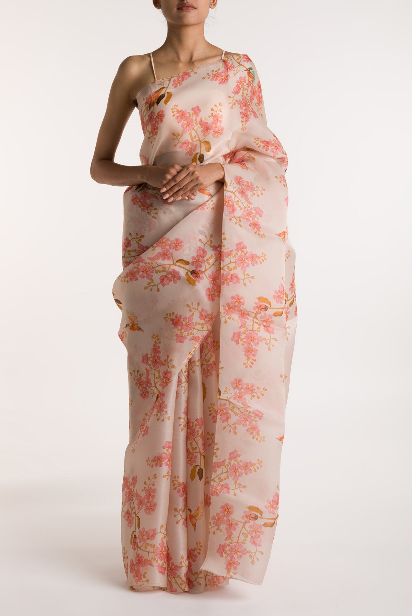 White Satin Organza Saree with Bird Print on the body and Without Border displayed on a mannequin