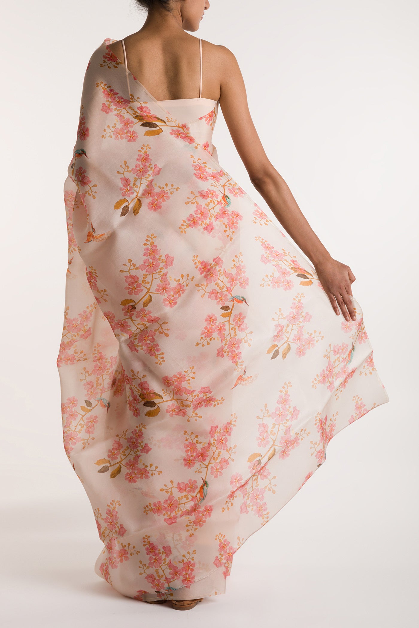 Pleats and pallu of White Satin Organza Saree with Bird Print on the body and Without Border