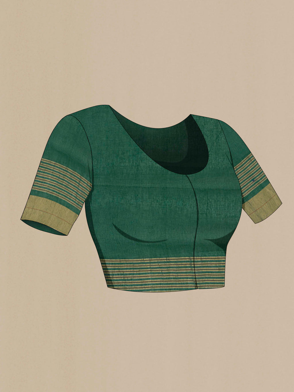 Close up image of the blouse of Surahi, a name that evokes the earth and grounded beauty, carries a sense of calm poise in its design Woven in fine cotton, it is framed by a striking zari border where gold and silver stripes meet a slender accent line, adding subtle distinction Rich colour tones and a refined striped layout lend it quiet elegance, while a broad gold zari band completes the border with a distinct finish
