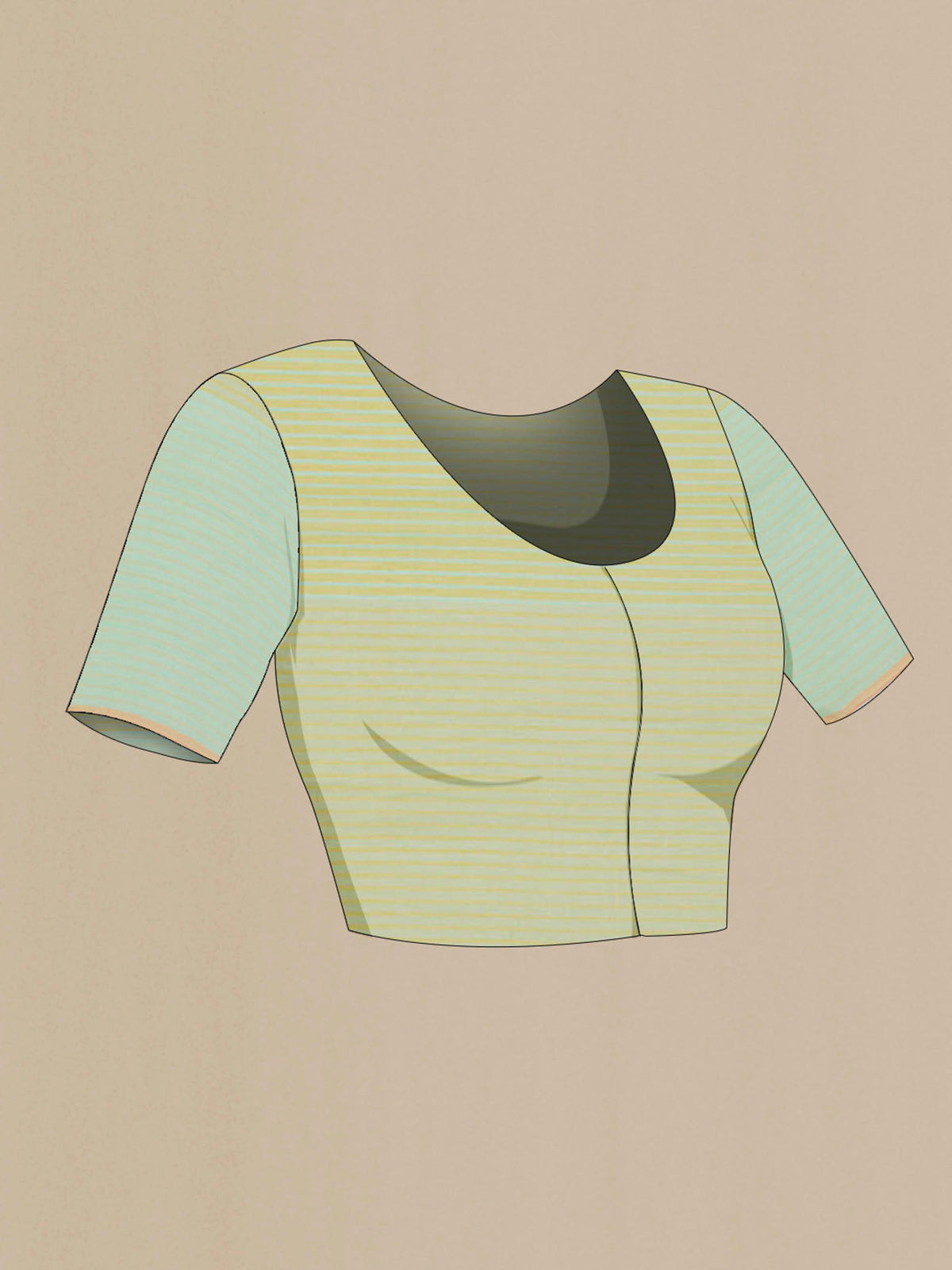 Close up image of the blouse of Fiza, translating to breeze in Urdu, reflects a sense of gentle lightness in both colour and character Inspired by the classic Kanjeevaram Muppagam, or three-part design, the saree is composed in three complementary sections Horizontal stripes move across each panel, while the harmonious palette and breathable 60-count Bengal cotton make it ideal for warmer days Fresh, balanced, and easy to wear