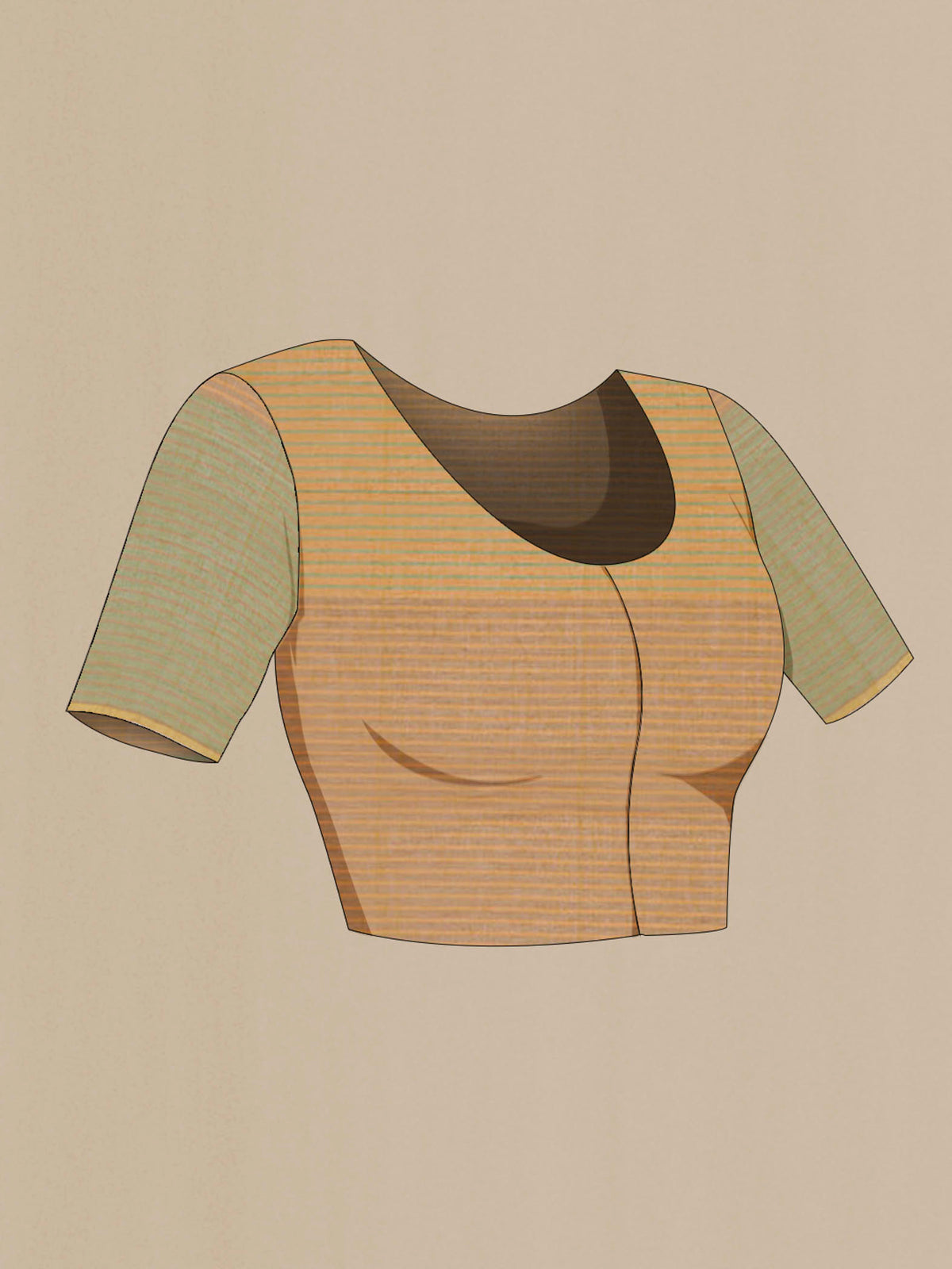 Close up image of the blouse of Fiza, translating to breeze in Urdu, reflects a sense of gentle lightness in both colour and character Inspired by the classic Kanjeevaram Muppagam, or three-part design, the saree is composed in three complementary sections Horizontal stripes move across each panel, while the harmonious palette and breathable 60-count Bengal cotton make it ideal for warmer days Fresh, balanced, and easy to wear