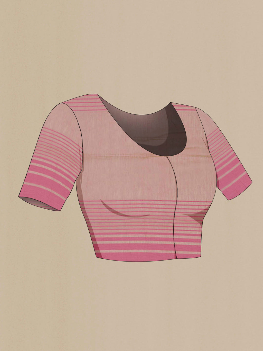 Close up image of the blouse of Titli, framed with proportioned stripes that gradually narrow towards the body, bringing together a vibrant palette in harmony Where the border and pallu stripes meet, tiny checks appear, evoking abstract butterflies - delicate creatures of spring and summer The plain body offers soft contrast, allowing the colours to shine On the pallu, these stripes return as subtle checks, adding a light, balanced finish
