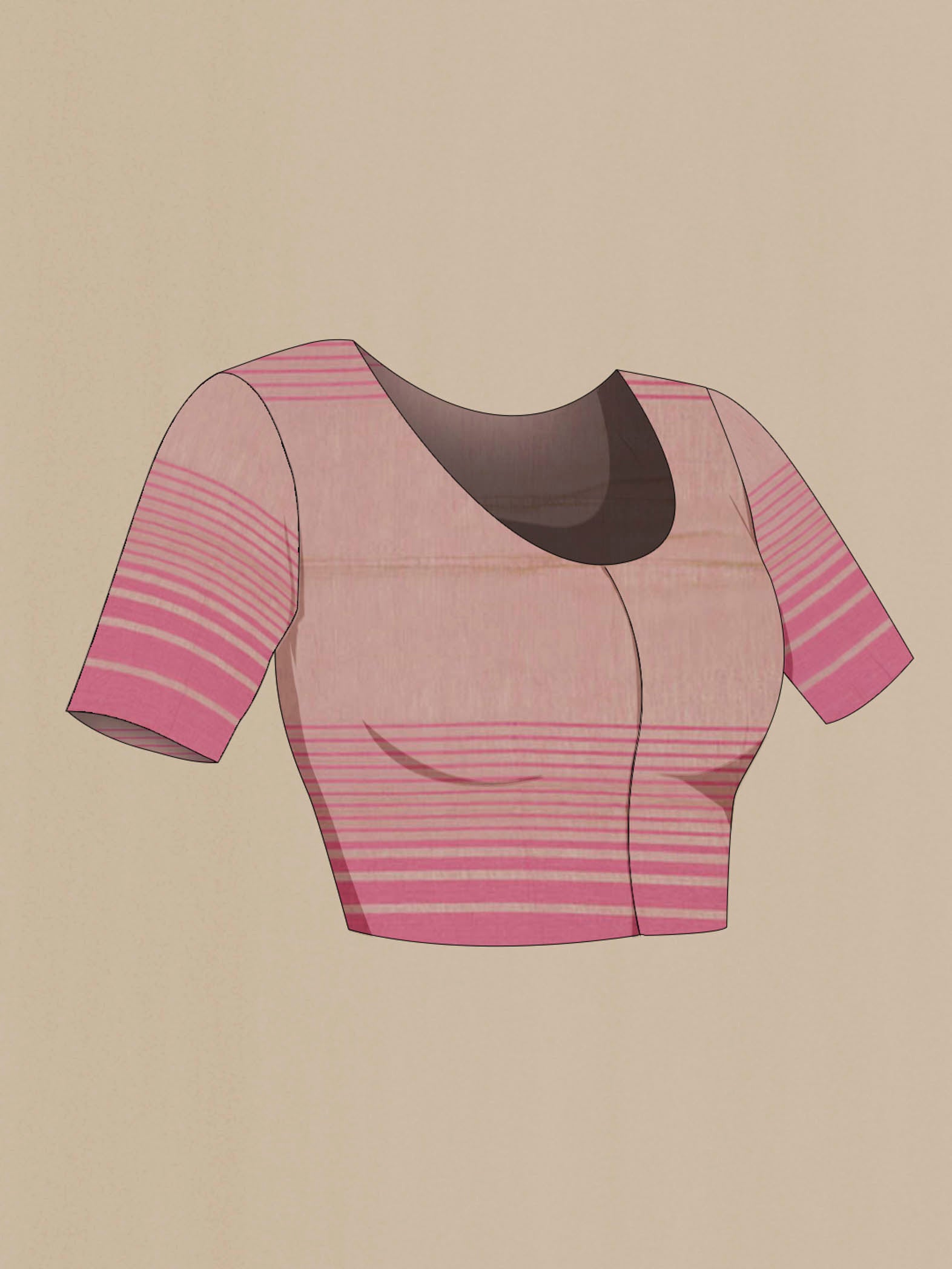 Close up image of the blouse of Titli, framed with proportioned stripes that gradually narrow towards the body, bringing together a vibrant palette in harmony Where the border and pallu stripes meet, tiny checks appear, evoking abstract butterflies - delicate creatures of spring and summer The plain body offers soft contrast, allowing the colours to shine On the pallu, these stripes return as subtle checks, adding a light, balanced finish