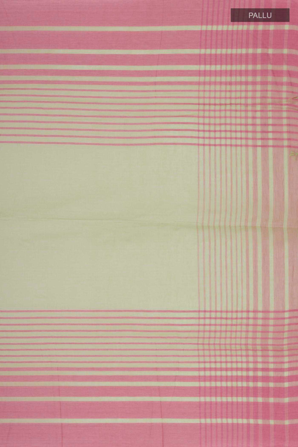 Close up image of the pallu of Titli, framed with proportioned stripes that gradually narrow towards the body, bringing together a vibrant palette in harmony Where the border and pallu stripes meet, tiny checks appear, evoking abstract butterflies - delicate creatures of spring and summer The plain body offers soft contrast, allowing the colours to shine On the pallu, these stripes return as subtle checks, adding a light, balanced finish