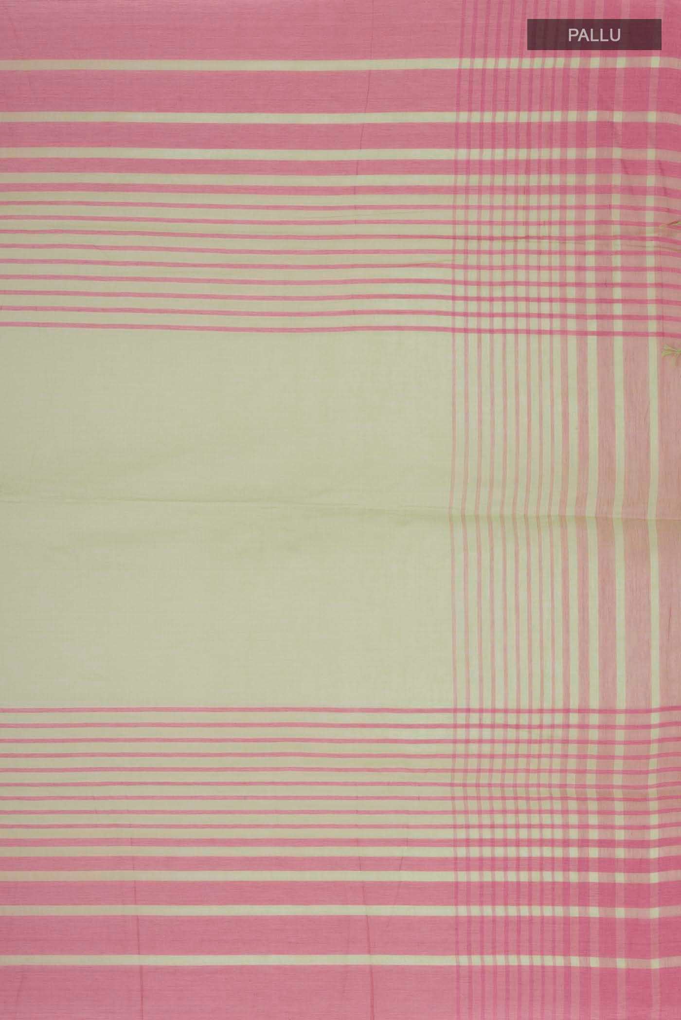 Close up image of the pallu of Titli, framed with proportioned stripes that gradually narrow towards the body, bringing together a vibrant palette in harmony Where the border and pallu stripes meet, tiny checks appear, evoking abstract butterflies - delicate creatures of spring and summer The plain body offers soft contrast, allowing the colours to shine On the pallu, these stripes return as subtle checks, adding a light, balanced finish