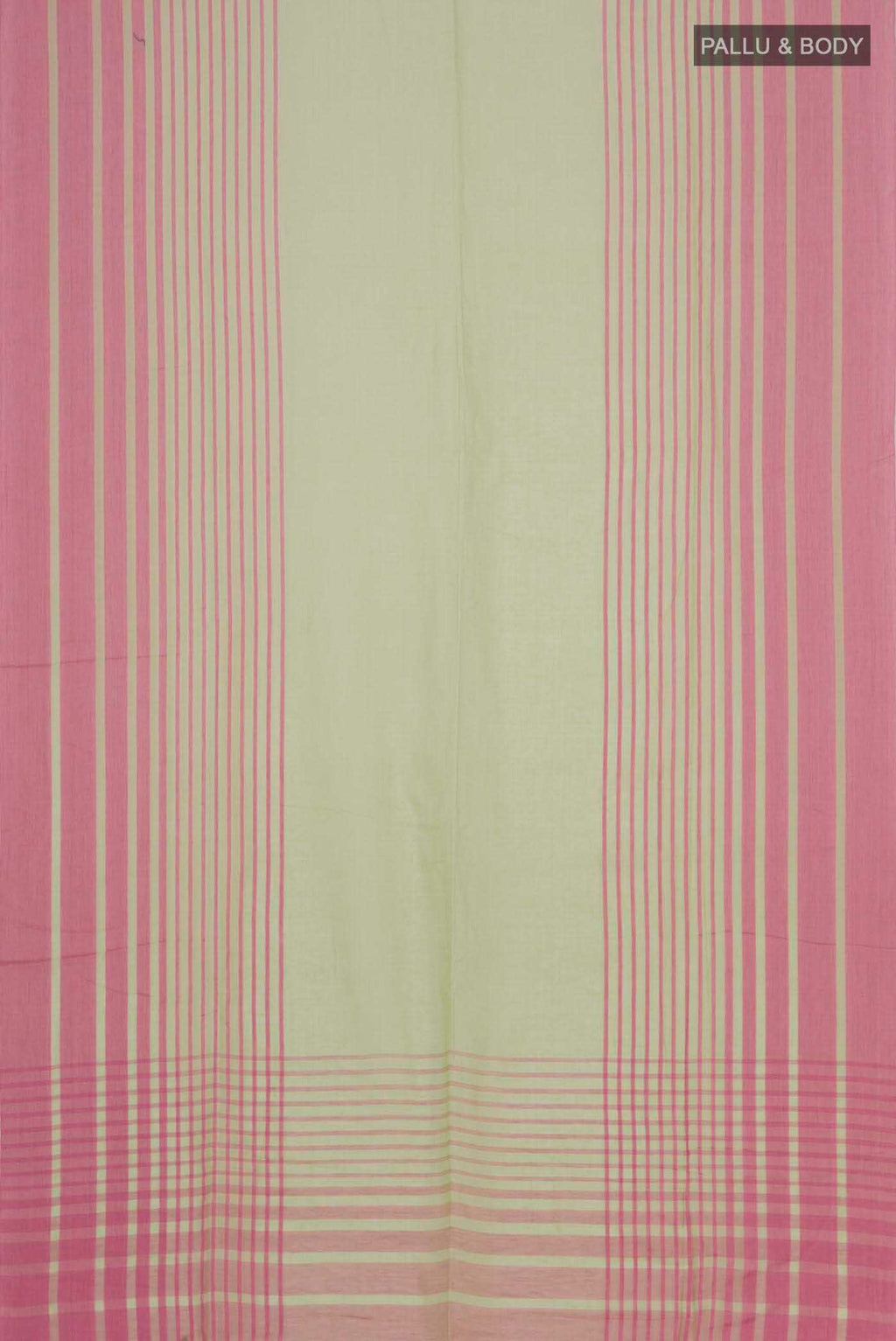 Flat view of Titli, framed with proportioned stripes that gradually narrow towards the body, bringing together a vibrant palette in harmony Where the border and pallu stripes meet, tiny checks appear, evoking abstract butterflies - delicate creatures of spring and summer The plain body offers soft contrast, allowing the colours to shine On the pallu, these stripes return as subtle checks, adding a light, balanced finish