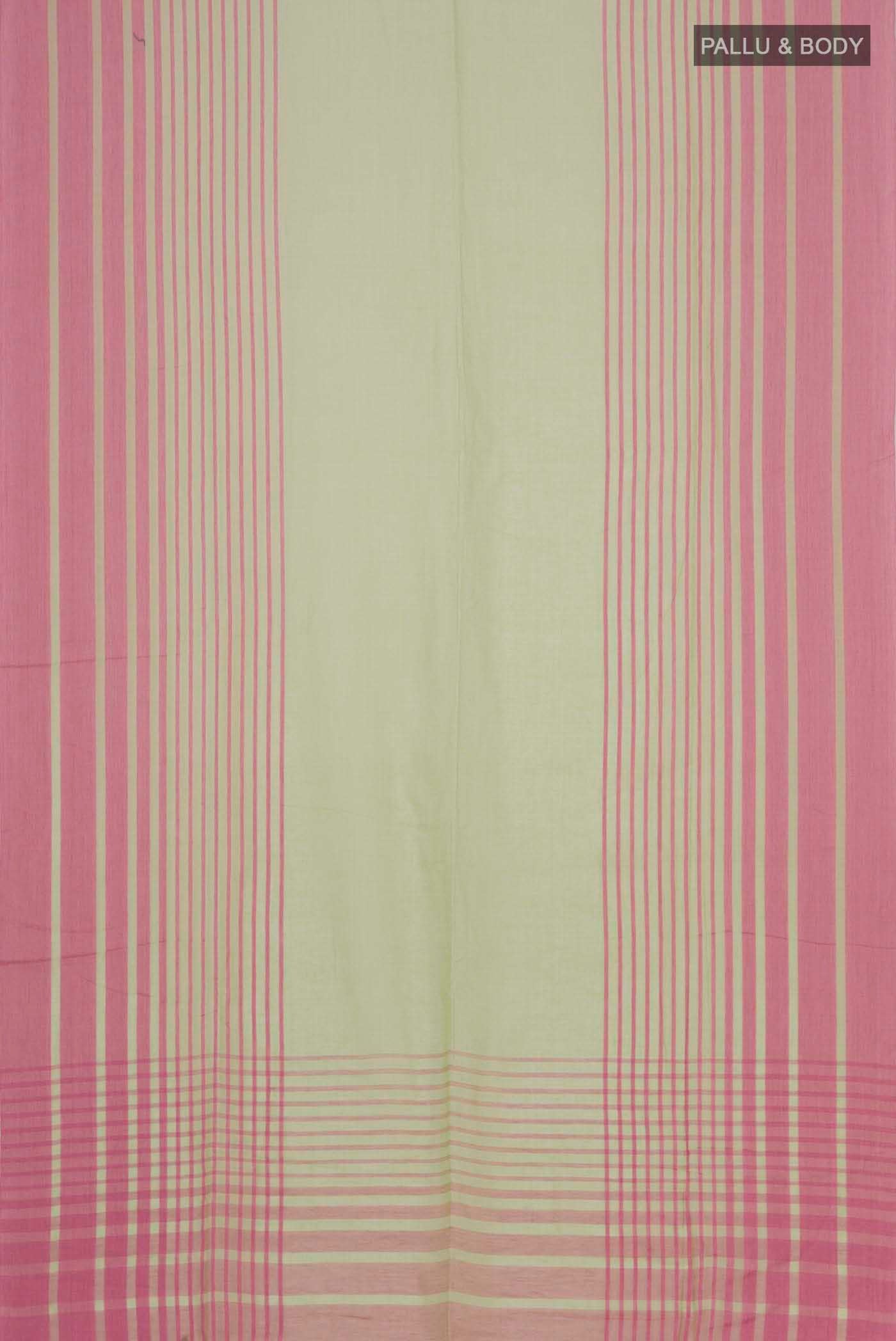Flat view of Titli, framed with proportioned stripes that gradually narrow towards the body, bringing together a vibrant palette in harmony Where the border and pallu stripes meet, tiny checks appear, evoking abstract butterflies - delicate creatures of spring and summer The plain body offers soft contrast, allowing the colours to shine On the pallu, these stripes return as subtle checks, adding a light, balanced finish