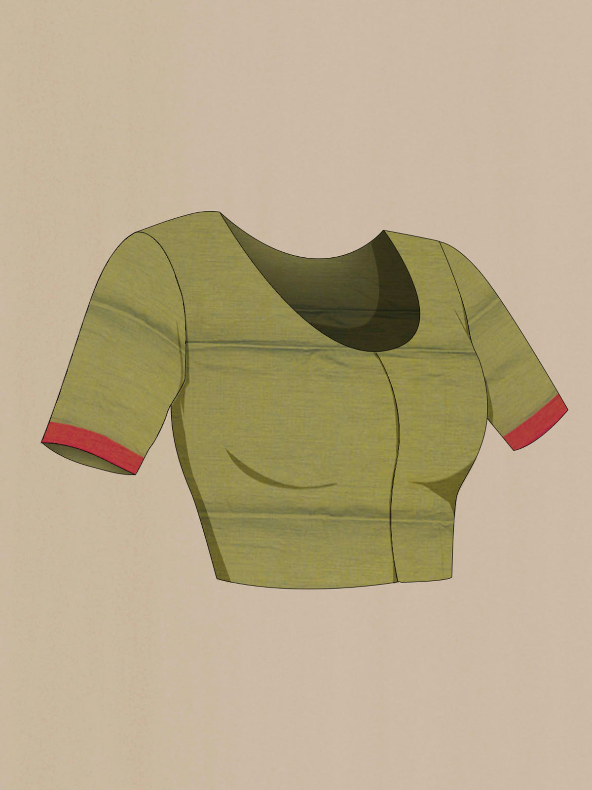 Close up image of the blouse of Chhaya, our Bengal cotton saree, draws inspiration from the clean, modern lines of Piet Mondrian A contrasting band forms the top border, creating a striking visual highlight across the body, while minimal stripes along the base and pallu introduce structure and balance Bold colour blocks reinterpret Chhaya, meaning shadow in Hindi, and the solid pallu completes the look with contemporary ease