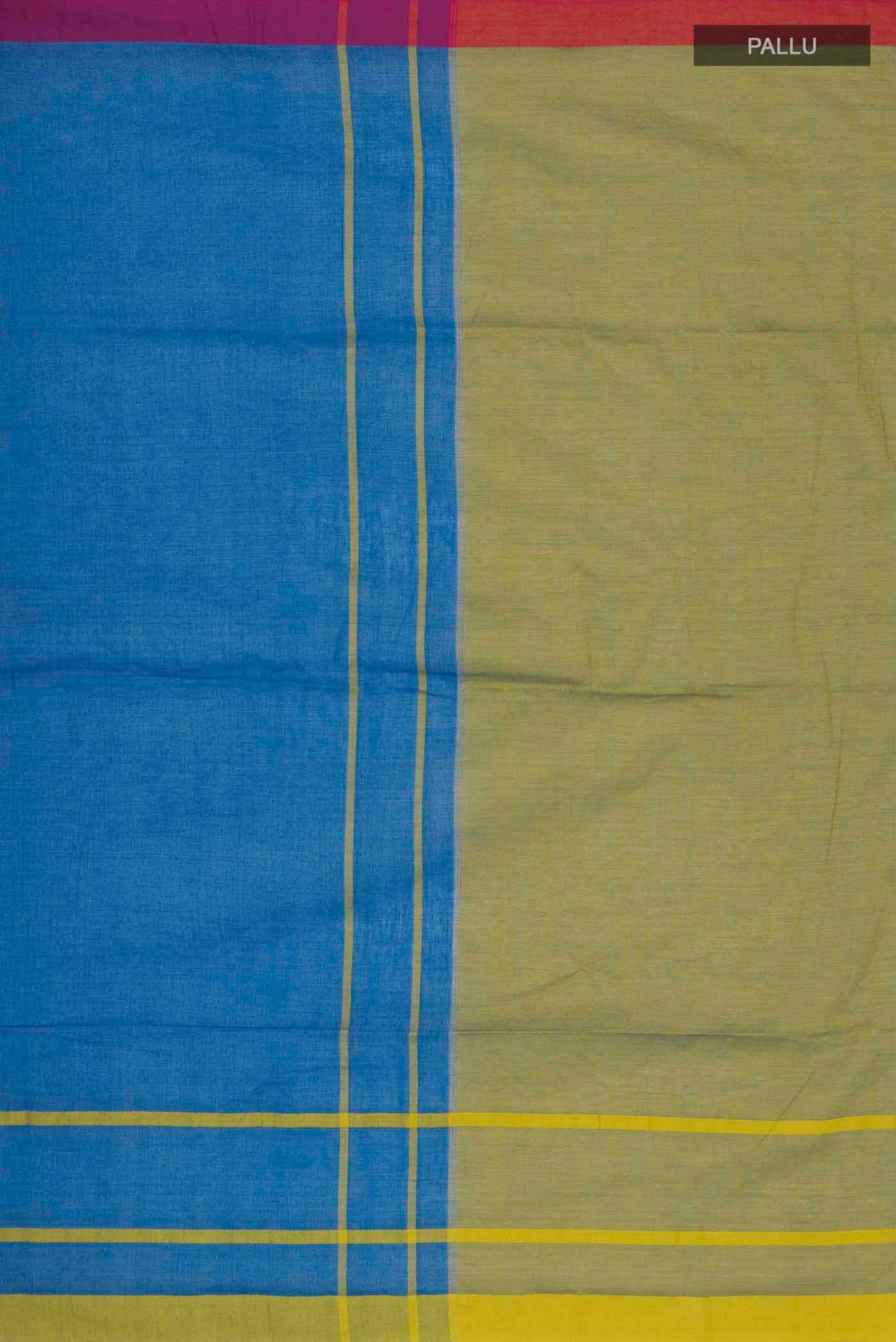 Close up image of the pallu of Chhaya, our Bengal cotton saree, draws inspiration from the clean, modern lines of Piet Mondrian A contrasting band forms the top border, creating a striking visual highlight across the body, while minimal stripes along the base and pallu introduce structure and balance Bold colour blocks reinterpret Chhaya, meaning shadow in Hindi, and the solid pallu completes the look with contemporary ease