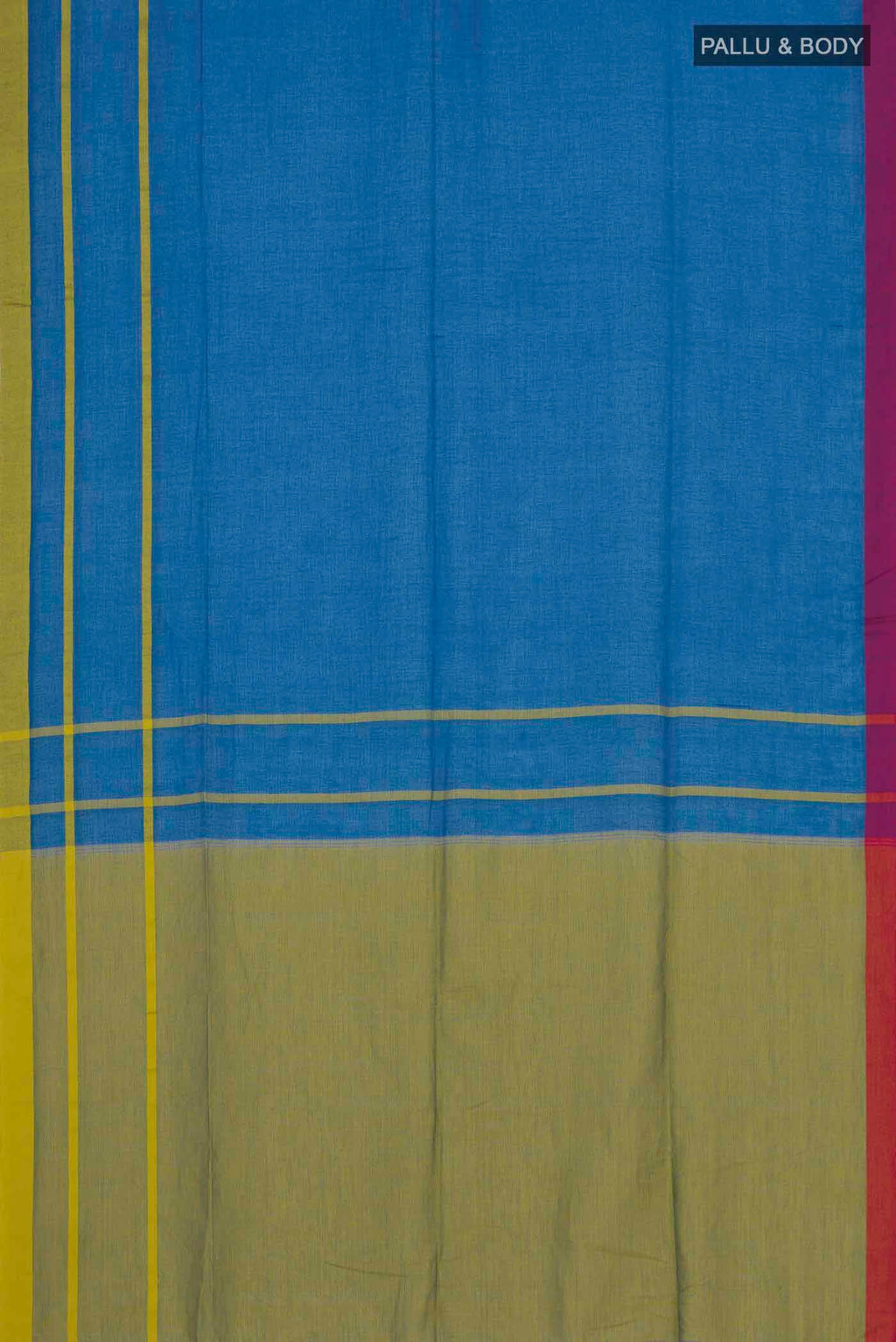 Flat view of Chhaya, our Bengal cotton saree, draws inspiration from the clean, modern lines of Piet Mondrian A contrasting band forms the top border, creating a striking visual highlight across the body, while minimal stripes along the base and pallu introduce structure and balance Bold colour blocks reinterpret Chhaya, meaning shadow in Hindi, and the solid pallu completes the look with contemporary ease