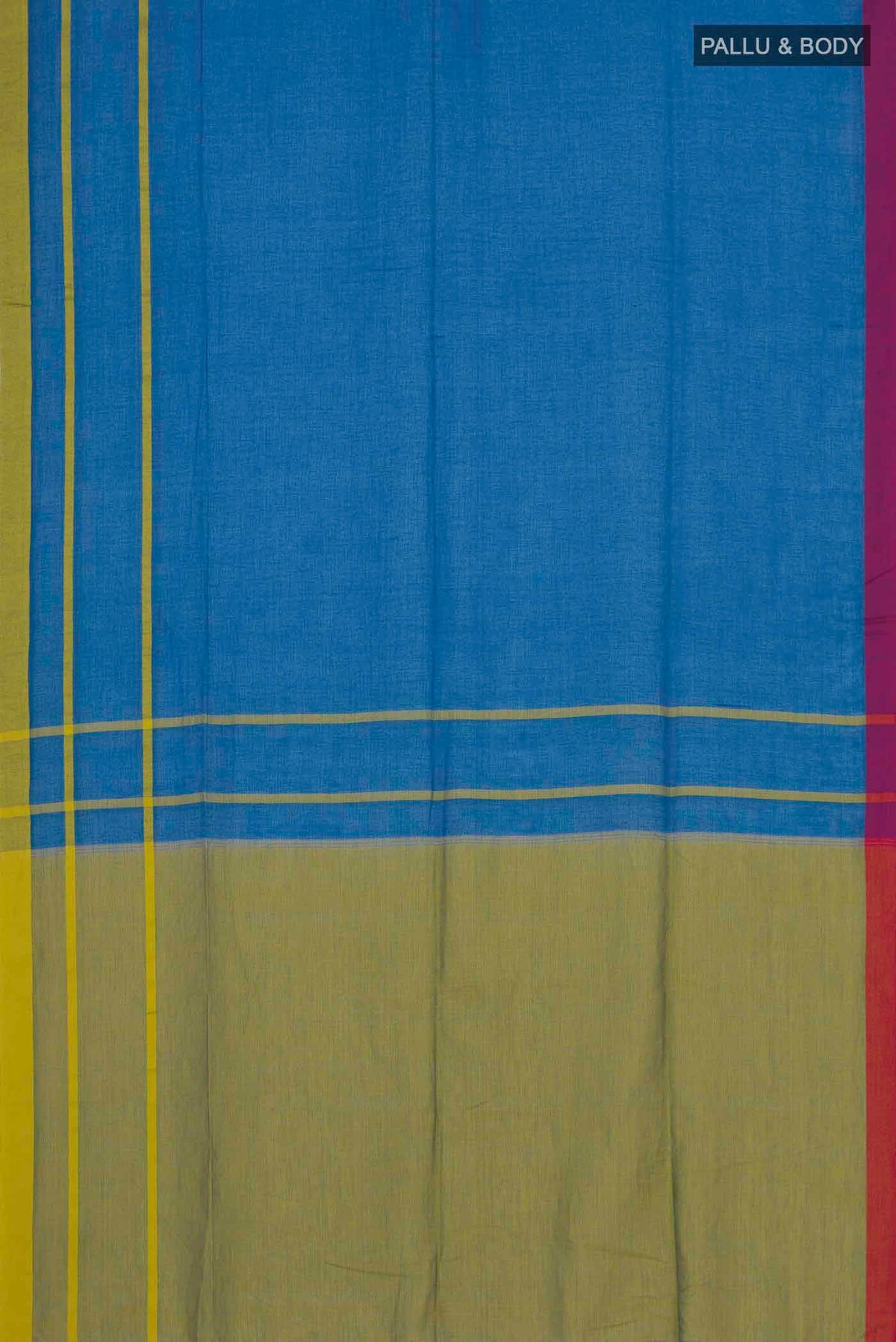 Flat view of Chhaya, our Bengal cotton saree, draws inspiration from the clean, modern lines of Piet Mondrian A contrasting band forms the top border, creating a striking visual highlight across the body, while minimal stripes along the base and pallu introduce structure and balance Bold colour blocks reinterpret Chhaya, meaning shadow in Hindi, and the solid pallu completes the look with contemporary ease
