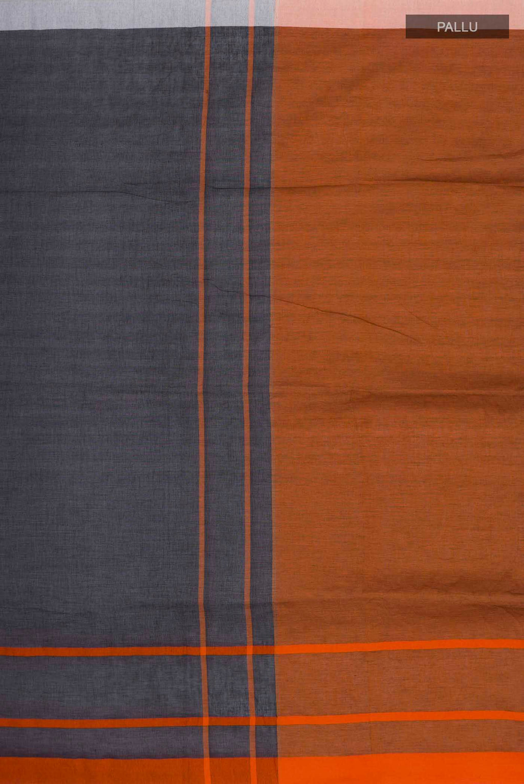 Close up image of the pallu of Chhaya, our Bengal cotton saree, draws inspiration from the clean, modern lines of Piet Mondrian A contrasting band forms the top border, creating a striking visual highlight across the body, while minimal stripes along the base and pallu introduce structure and balance Bold colour blocks reinterpret Chhaya, meaning shadow in Hindi, and the solid pallu completes the look with contemporary ease