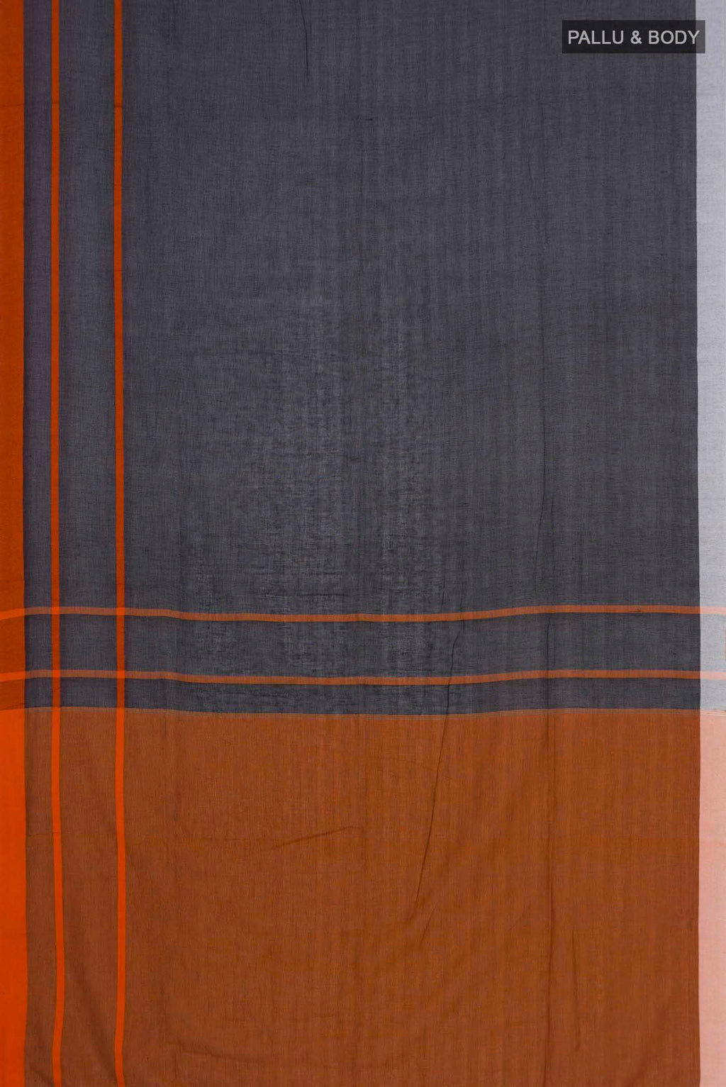 Flat view of Chhaya, our Bengal cotton saree, draws inspiration from the clean, modern lines of Piet Mondrian A contrasting band forms the top border, creating a striking visual highlight across the body, while minimal stripes along the base and pallu introduce structure and balance Bold colour blocks reinterpret Chhaya, meaning shadow in Hindi, and the solid pallu completes the look with contemporary ease