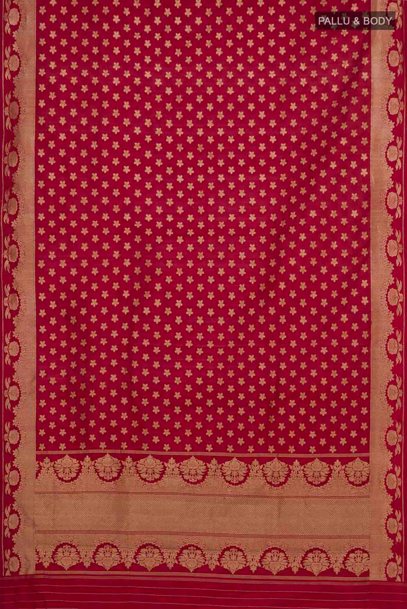 Flat view of Maroon Banarasi Katan Silk Saree with Zari Butta on the body and Zari Border