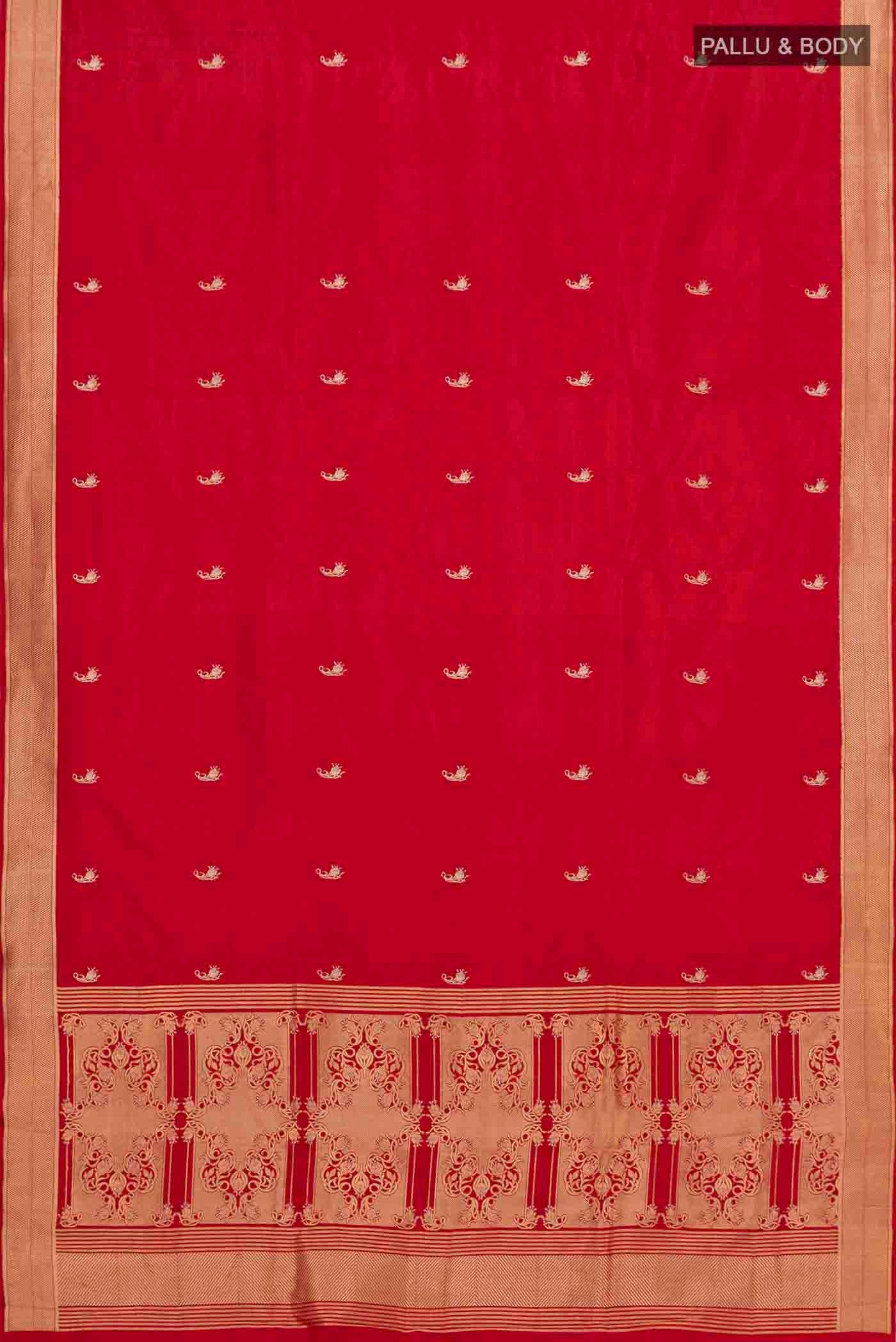 Flat view of Red Banarasi Katan Silk Saree with Zari Butta on the body and Zari Border