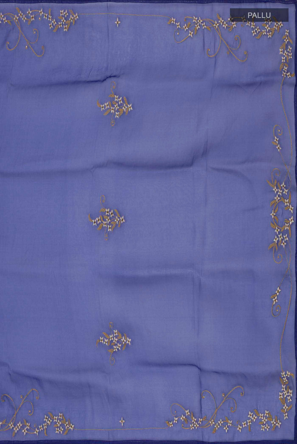 Close up image of the pallu of Blue Organza Silk Saree with Plain Body and Embroidery Border