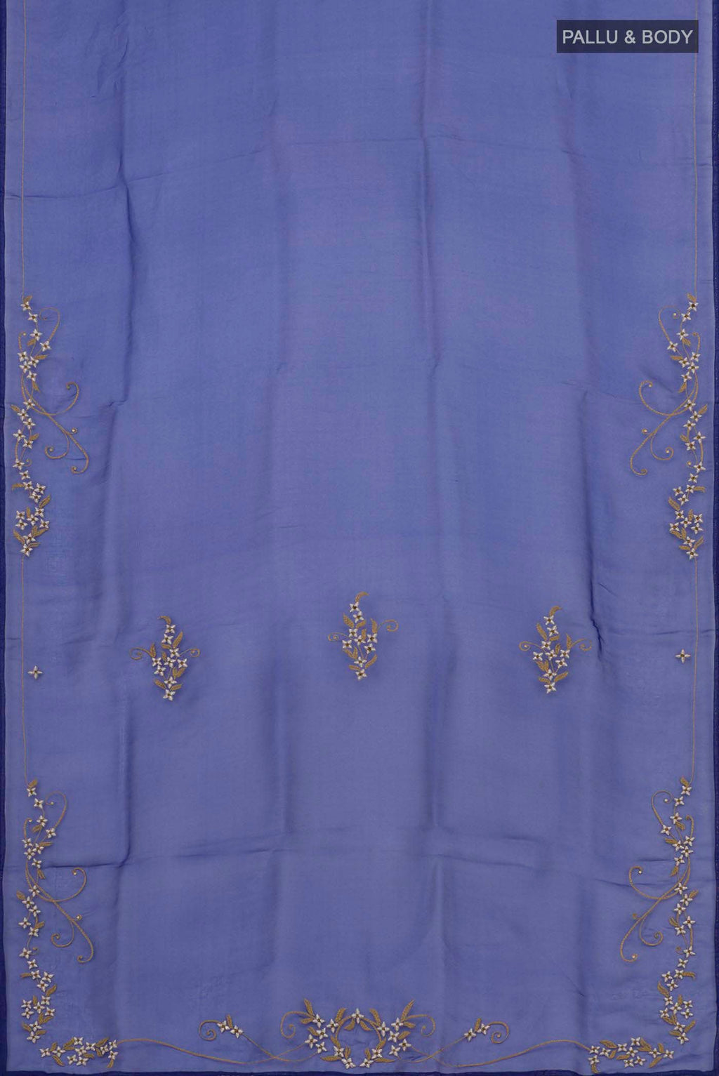 Flat view of Blue Organza Silk Saree with Plain Body and Embroidery Border