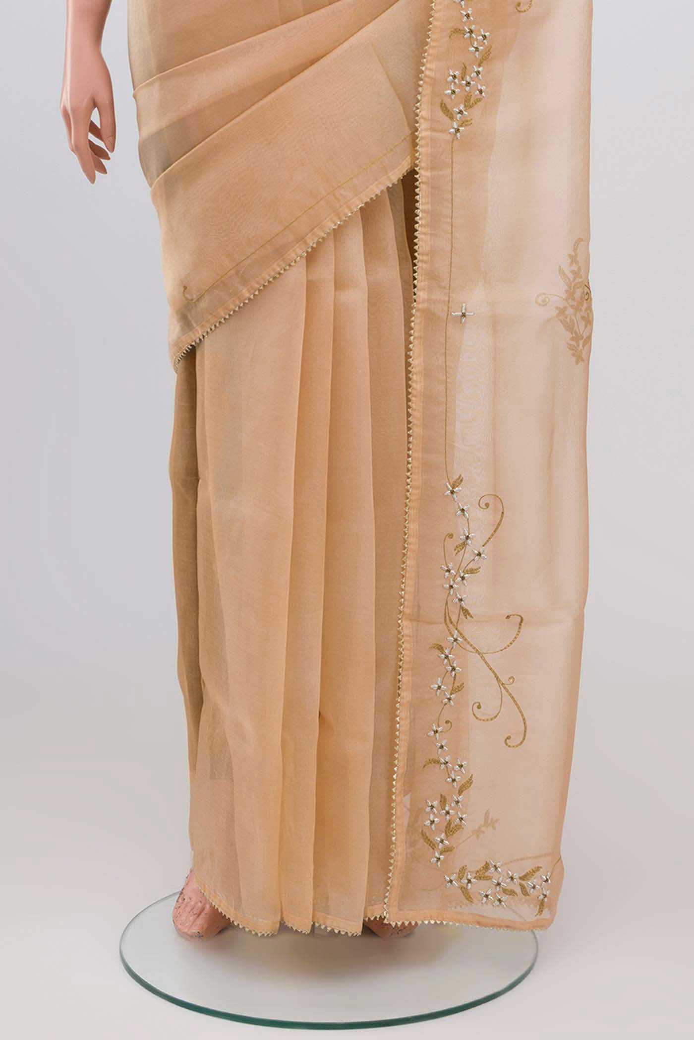 Border image of Sandal Organza Silk Saree with Plain Body and Embroidery Border