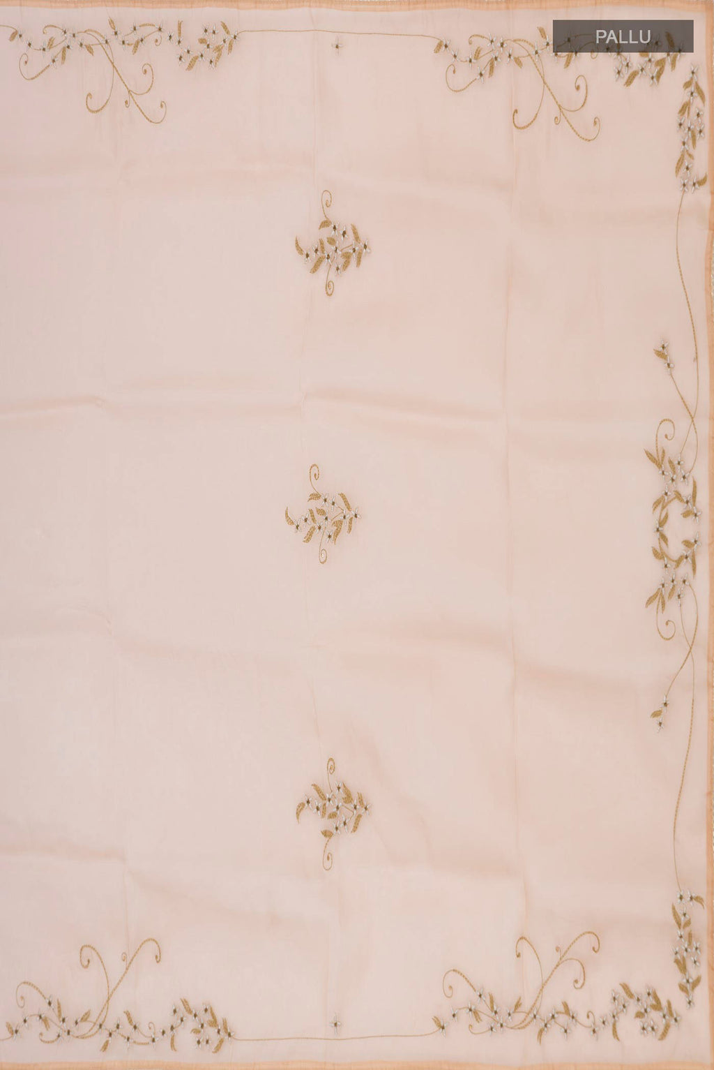 Close up image of the pallu of Sandal Organza Silk Saree with Plain Body and Embroidery Border